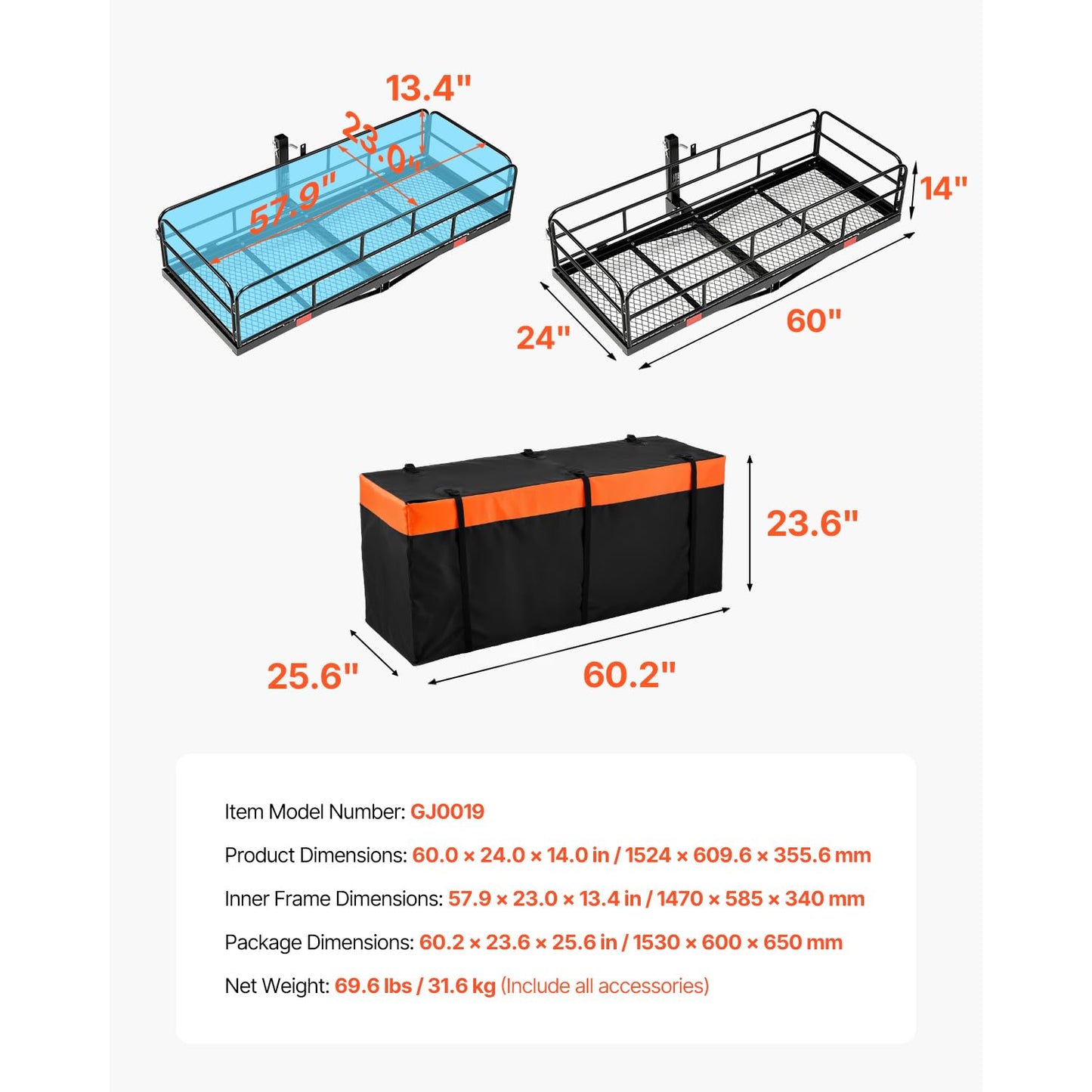 VEVOR 60" x 24" x 14", Hitch Cargo Carrier, 500 lbs Capacity Hitch Cargo Carrier with Cargo Net & Waterproof Cargo Bag, Folding Hitch Mount Cargo Carrier with Reflective Reminder, Fit for SUVs