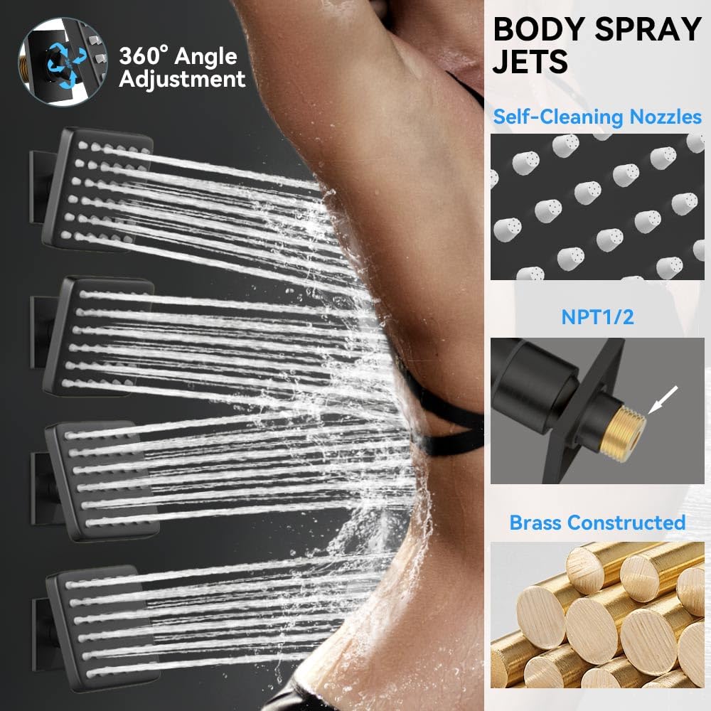 Shower System with Body Jets, STARBATH 12" Rain Shower with 2 in 1 Handheld and 4 Body Jets, Can Use All at Once, Push Button Thermostatic Valve and Trim Kit Complete Shower Faucets Sets, Matte Black
