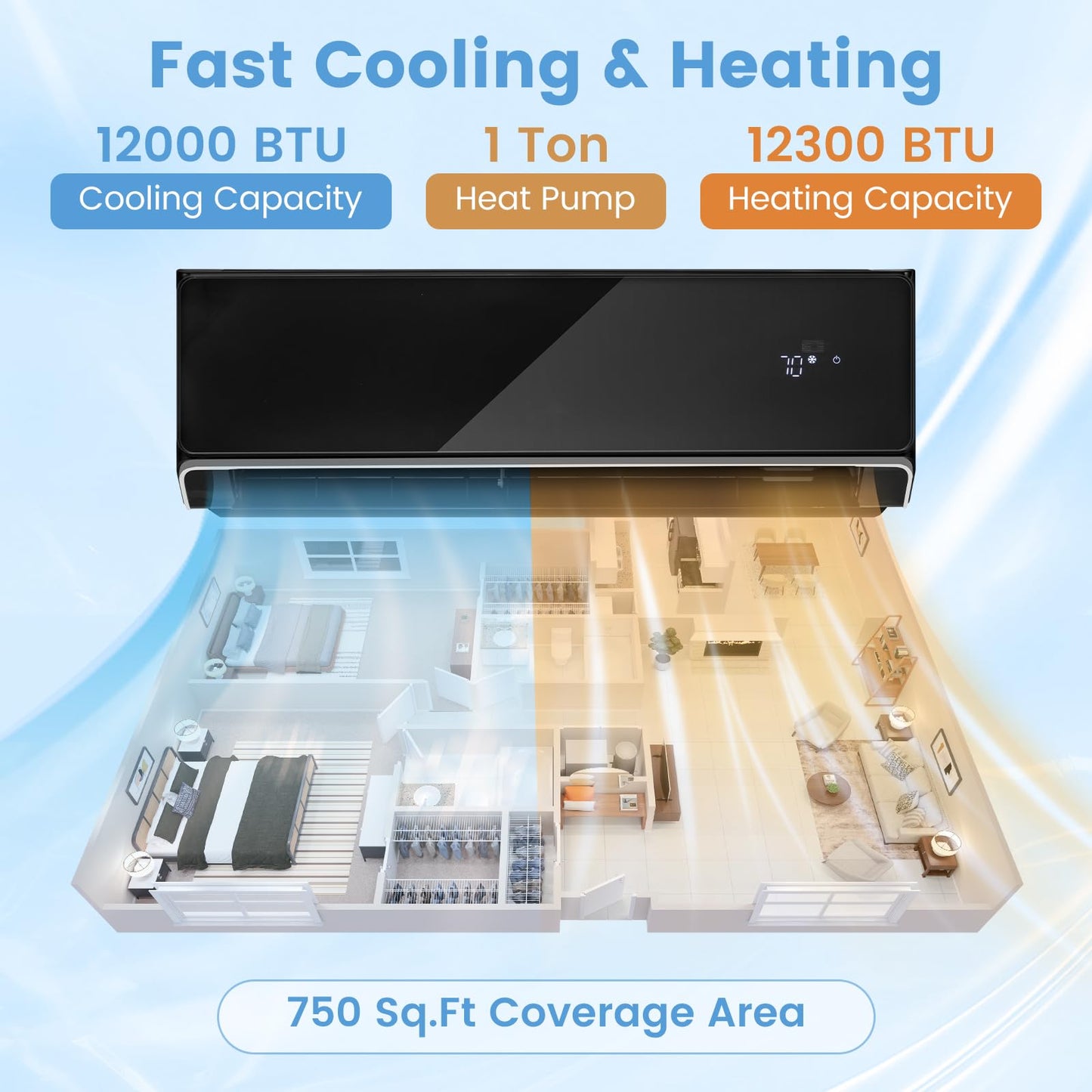 GLACER 12000 BTU Mini Split Air Conditioner & Heater, 22 SEER2 Inverter AC Unit Cools Up to 750 Sq. Ft, Wall-mounted Tubeless Split-System with Mounting Kit (Black, 12000BTU, 208-230V, 22 SEER2-WIFI)