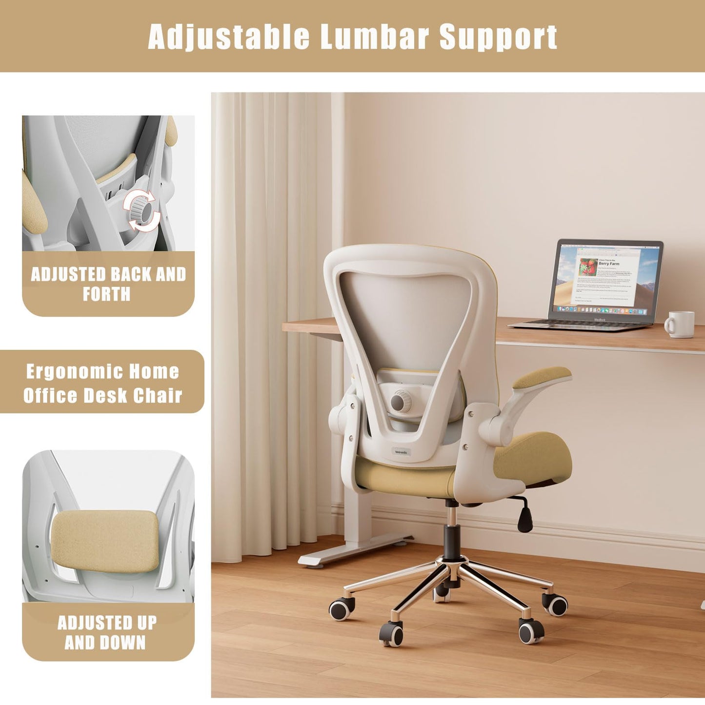 VOTRENIX Kahki Ergonomic Office Desk Chair, Soft Fabric Thickened Curved seat Cushion with Adjustable Lumbar Support, Perfect Blend of Comfort and Good Looks, Ideal Chair for Home or Office, Khaki