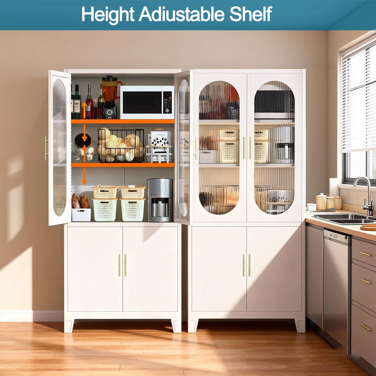 GarveeHome 70 Inch Tall White Pantry Cabinet for Small Spaces – Freestanding Kitchen Storage Cupboard with Frosted Glass Doors & Customizable Interior, Fits Bathroom, Dining or Home Office