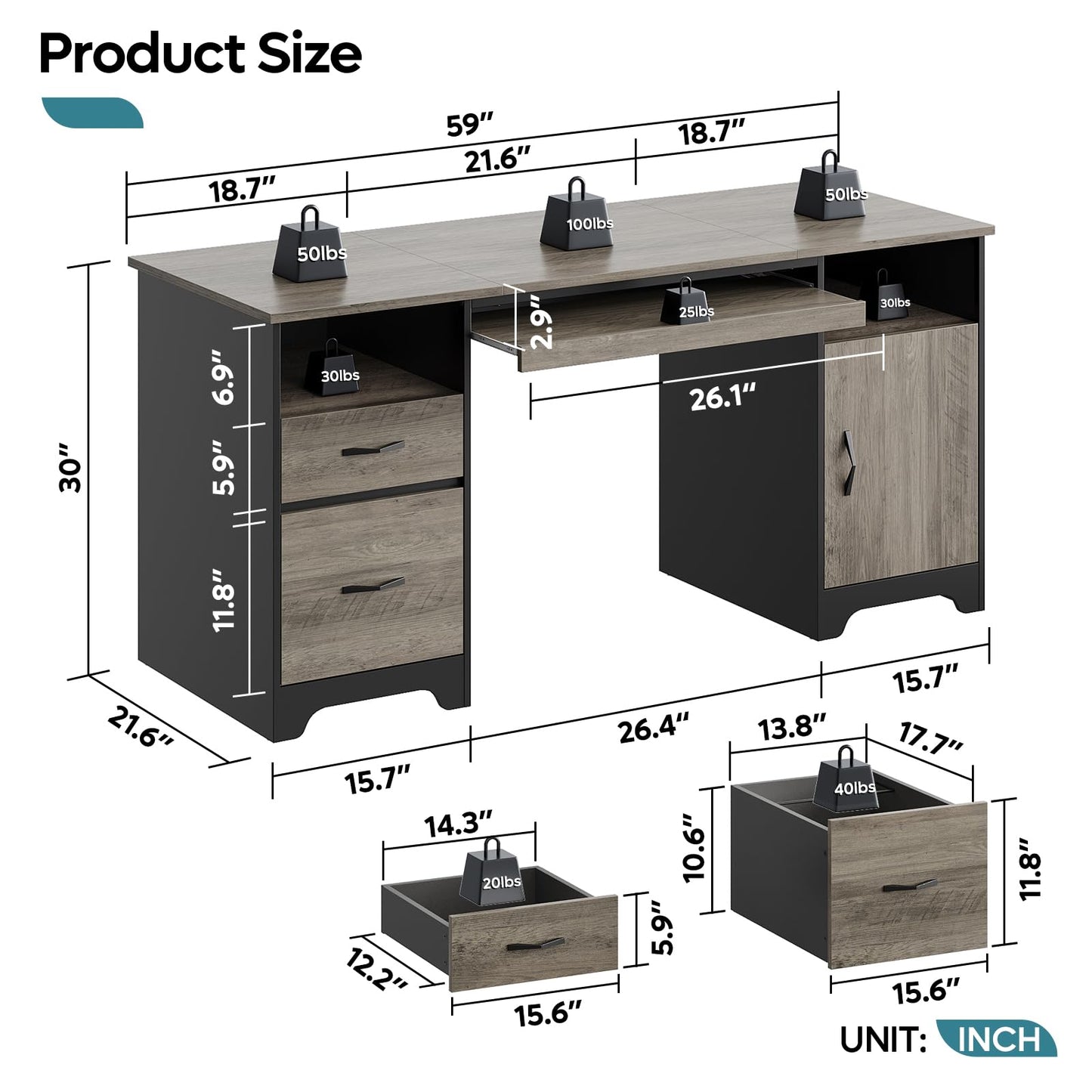Bestier 59”Executive Desk with 2 Drawers,Computer Desk with Storage Cabinet,Industrial Wood Desk with File Drawer,Keyboard Tray & 2 Pedestals for Home Office & Studio,Gray