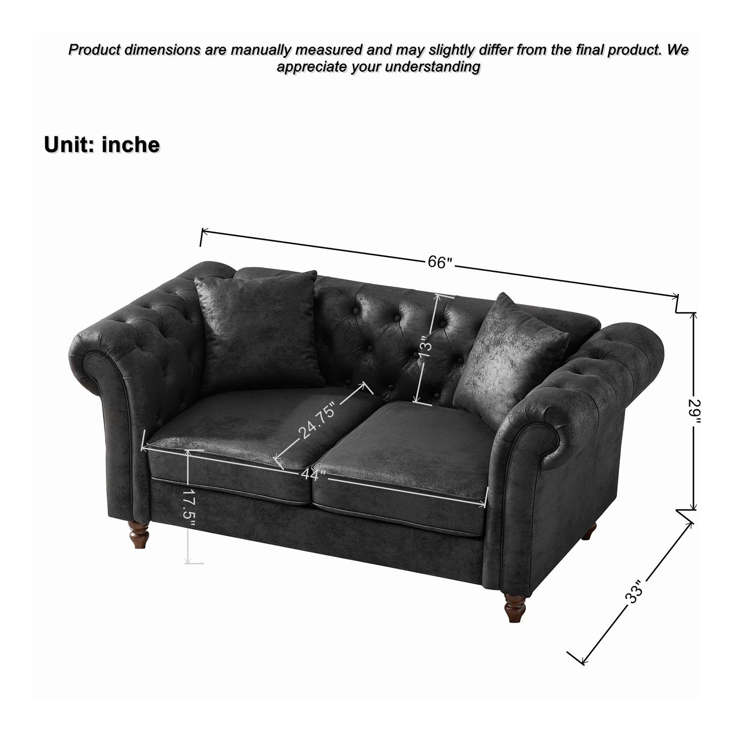 KEIKI Luxury Modular Chesterfield Leather Sofa Couch Set, Mid Century Modern Combo 5 Seater Couches w/Roll Armrest, Comfy Sleeper Cloud SofaBed for Office & Apartment Living Room, Easy Assembly, Black