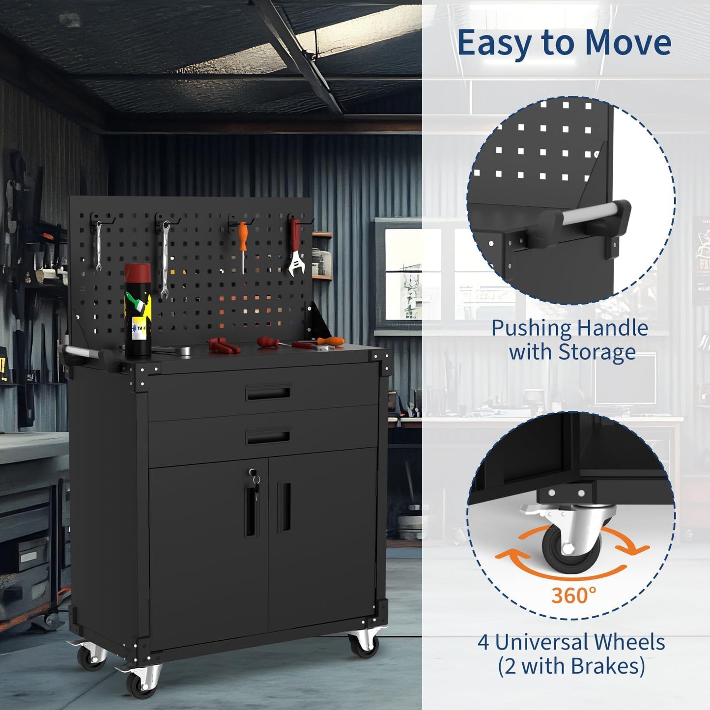 Garvee 35" Heavy-Duty Steel Rolling Tool Cabinet with 2 Deep Drawers, Adjustable Shelves & Pegboard, Locking Casters, Mobile Garage Storage Organizer & Workbench for Workshop, Warehouse Tools