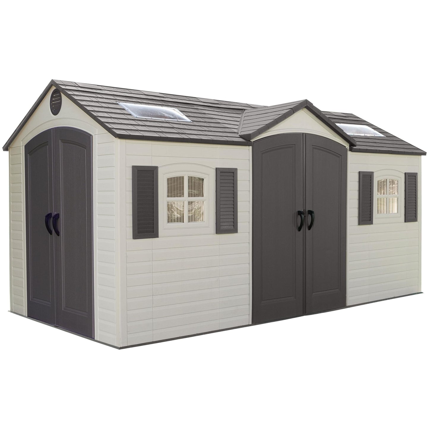 Lifetime 15×8 Ft Dual‑Entry Outdoor Storage Shed, Steel‑Reinforced, UV‑Protected, Weather‑Resistant Backyard Garden Shed with Skylights, Windows & Shelving, Desert Sand