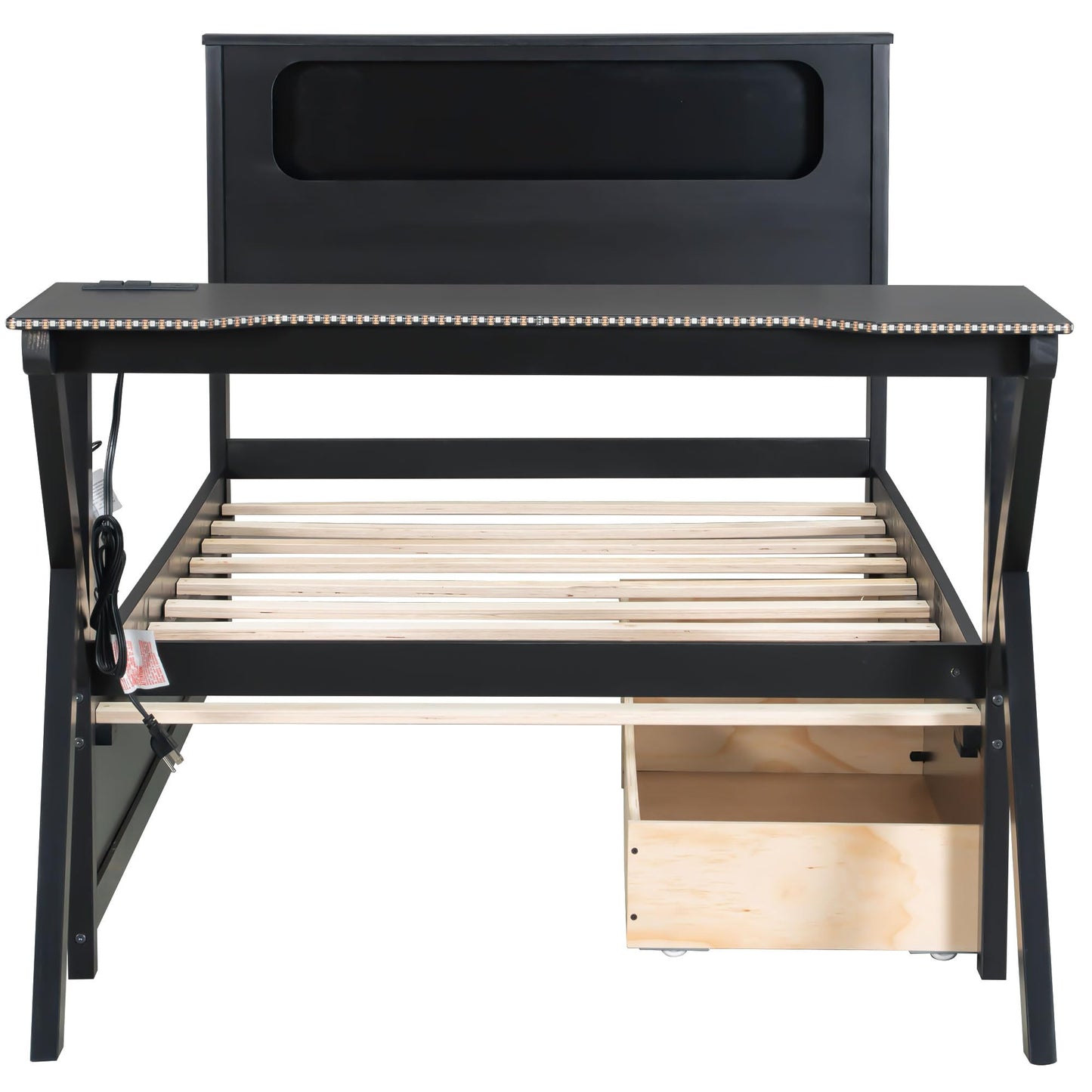 Merax Twin Size Gaming Platform Bed with LED Headboard and LED Desk, Wooden Corner Bed with USB and Two Storage Drawers