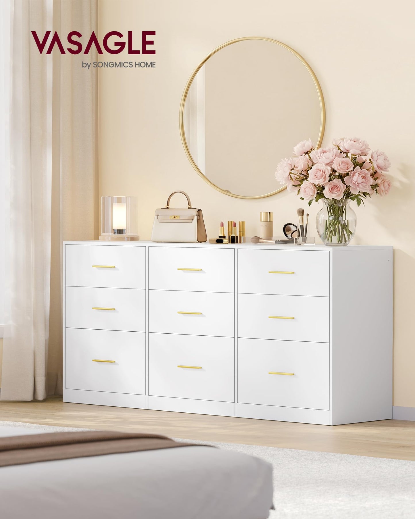 VASAGLE Custos Collection - Dresser for Bedroom, Chest of Drawers for Closet, Modern Style, TV Stand for Living Room, 9 Drawers, 15.8 x 63 x 30.7 Inches, Cloud White ULTS419WB01S