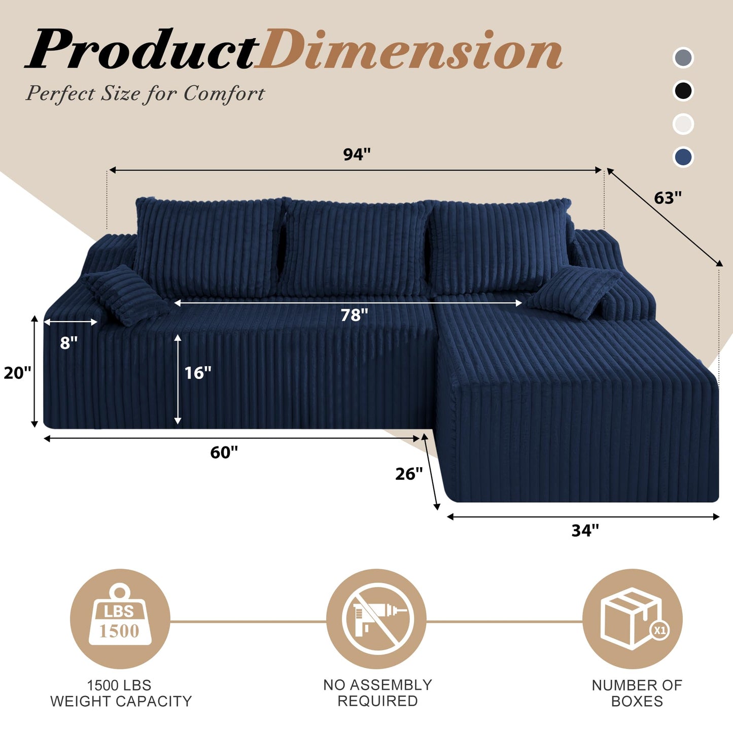 HABUTWAY 94" L-Shape Modular Sectional Sofa Couch for Living Room, No Assembly Required, Boneless Couch with Deep Seat for Living Room Bedroom, No Assembly Required (Bule,Right)