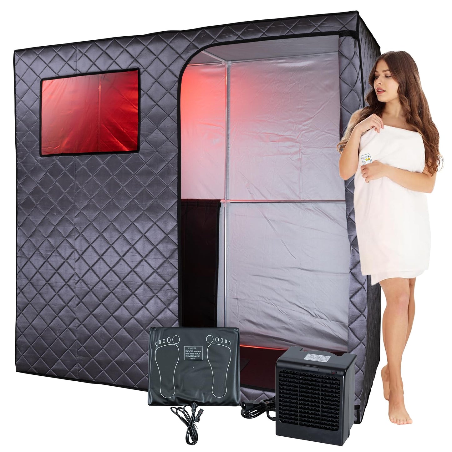 Durasage Portable Full Size Infrared Sauna for at Home Ultra Low EMF Infrared Panels LED Lighting, Heating Foot Pad, Ceramic Heat Fan (2-Person), Gray, Updated Version
