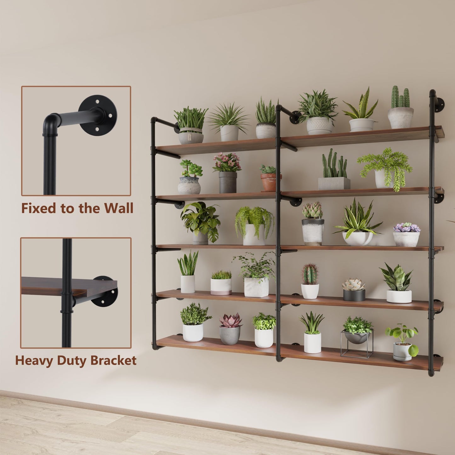 ONOTETUT Industrial Iron Pipe Shelf 5 Tier,72 inch Pipe Shelving with Solid Wood Plank,Open Book Shelves Storage,Floating Wall Mount Bookcases for Living Room,Office,Kitchen
