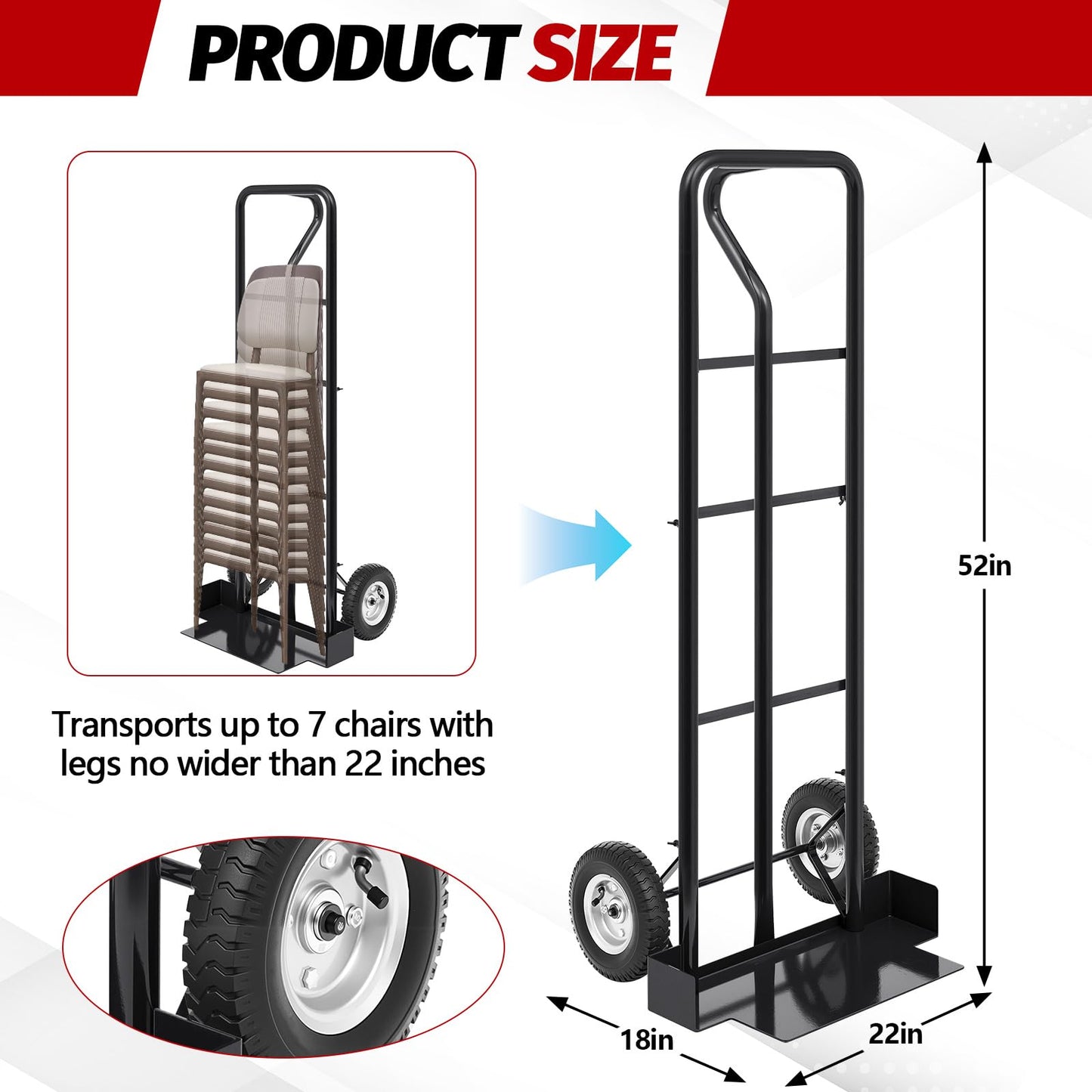 Datanly 52'' x 22'' x 18'' Heavy Duty Stack Chair Dolly Banquet Chair Dolly Cart Holds 7 Chairs Oversized Rubber Wheels for Easy to Load and Unload for Party Event Rental Furniture (Black)