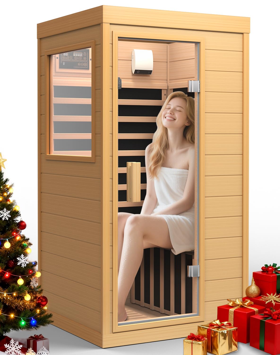 OUTARFIE Sauna Infrared Sauna, Hemlock 1 Person Dry Sauna with Backrest, 1062W Fast Heating Low EMF Sauna with 5 Carbon Heaters, Sauna Infrared with Bluetooth & Integrated Speakers (Wood)