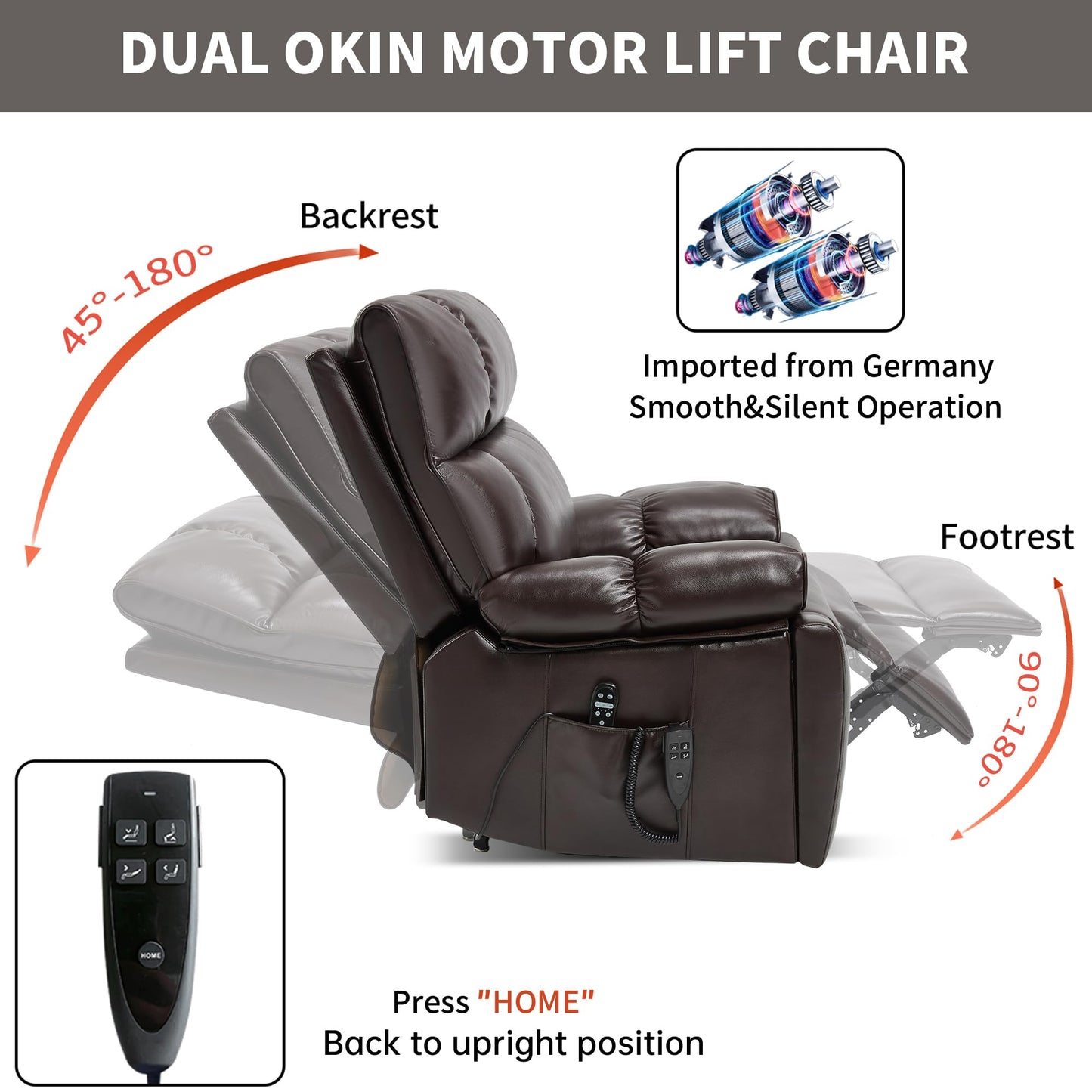 KEIKI Leatheraire Oversized Electric Power Lift Recliner Chair with Heat & Massage, Dual Motor, Infinite Positions, Hidden Cup Holders, Medium-Firm, Heavy Duty Up to 350 lbs, Dark Brown