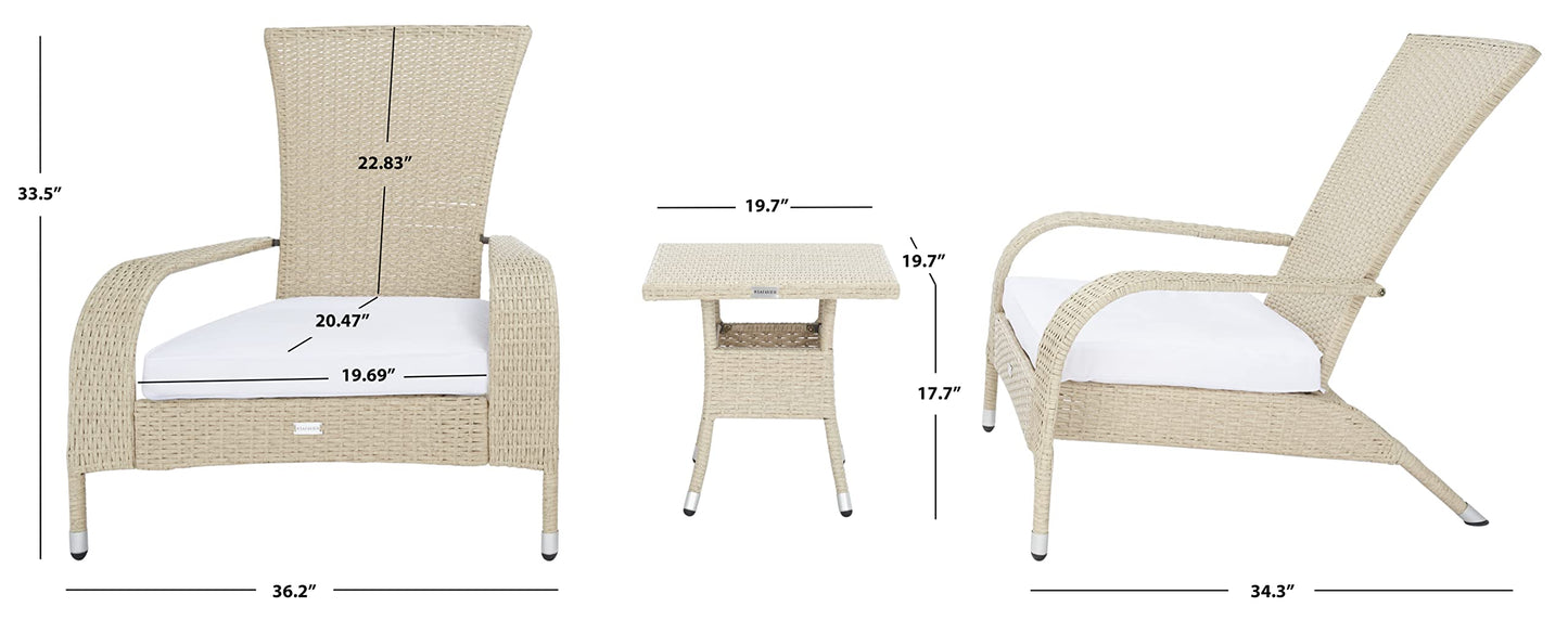 SAFAVIEH Outdoor - Edna 3-Piece Lounge Set - Beige & White - Steel Frame & Faux Rattan with Cushion - Wingback Tropical French Design - Ideal for Patio, Deck, Porch, Backyard (PAT7719B)