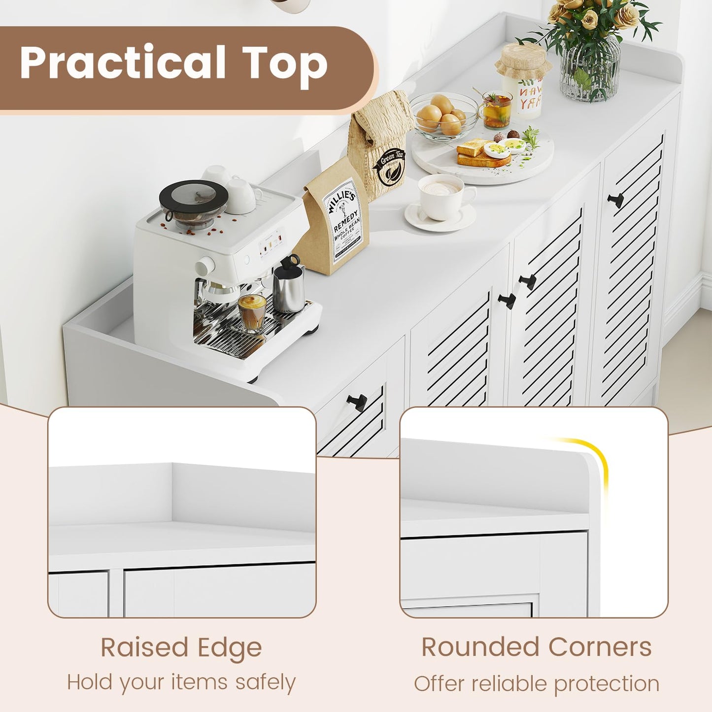 Giantex 63'' Buffet Cabinet with Storage, Modern Sideboard Cabinet with 3 Doors & 3 Pull-Out Drawers, Large Kitchen Console Table with Anti-Tipping Devices for Living Room, Dining Room, White
