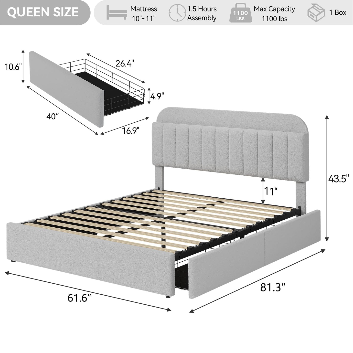 Jojoka Queen Bed Frame with Storage Headboard and 2 Drawers, Boucle Upholstered Platform Bed, Modern Girls Bed Frames for Rooms, No Box Spring Needed, Easy Assembly, Grey