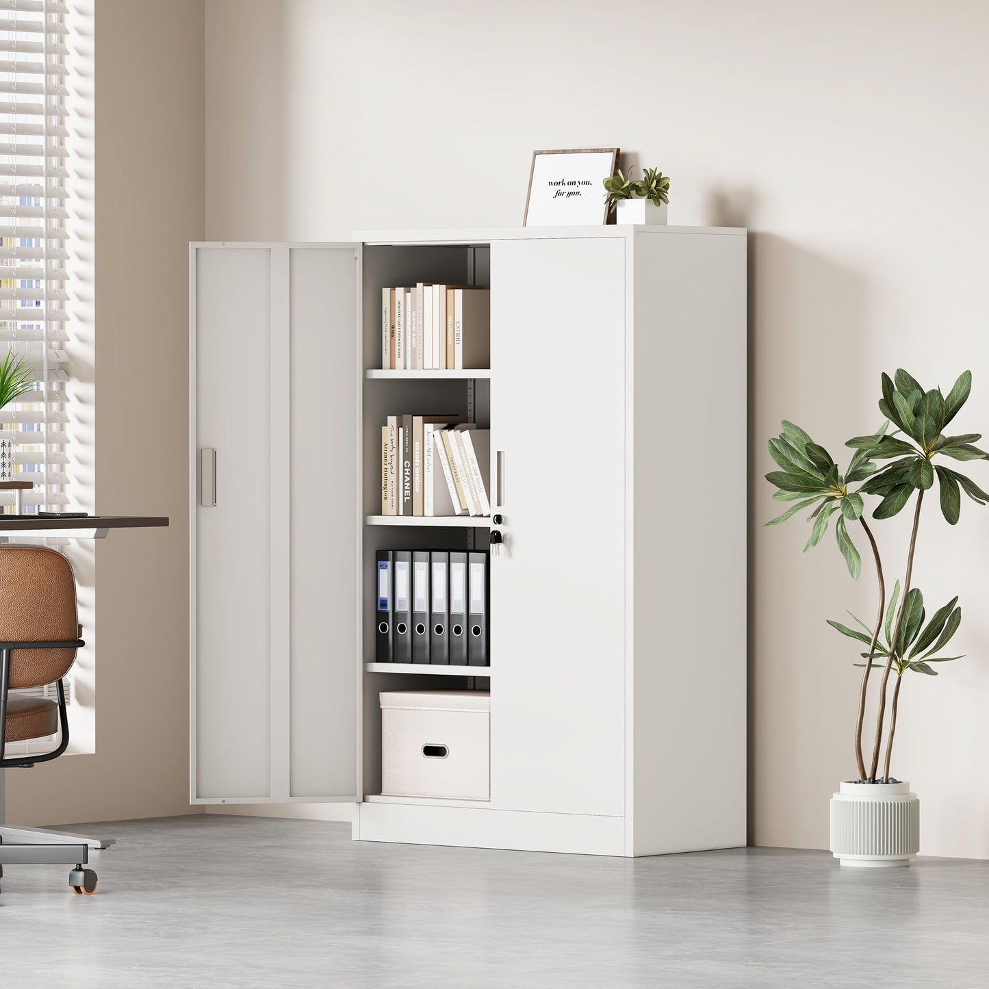 JINKUR Metal Storage Cabinet with Locking Doors and 3 Adjustable Shelves, Lockable Storage Cabinets for Home Office Garage Kitchen Pantry (White)