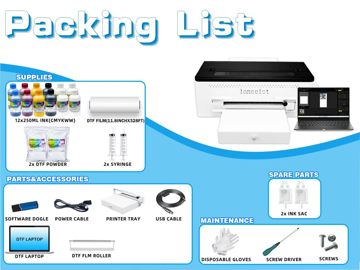 Lancelot A3 l1800 DTF Transfer Printing Machine with Roll Feeder, White Ink Circulation and Easy Operation,DTF Printer Bundle for Dark and Light Clothing (Printer+Oven+Laptop+consumable)