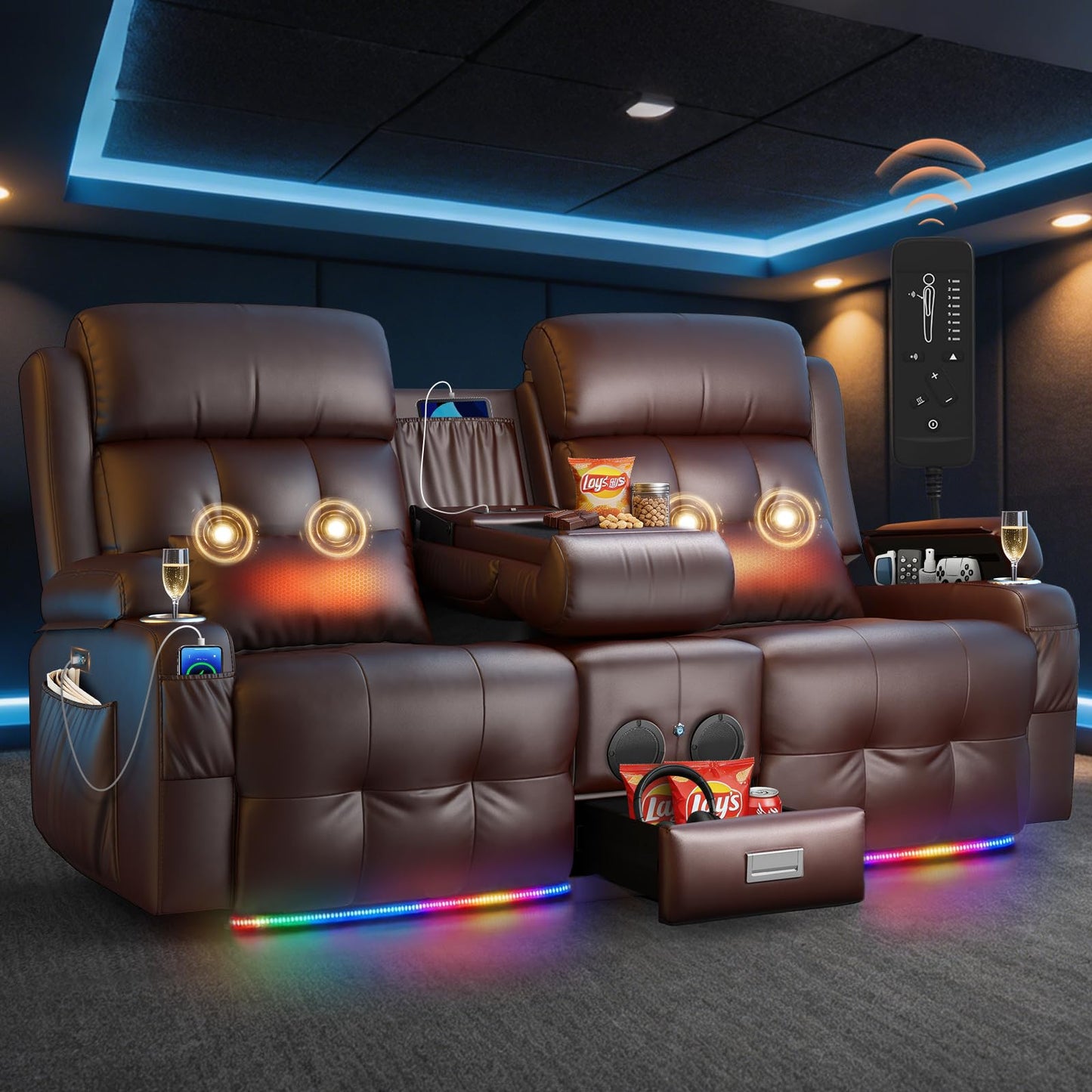 Aotolo Power Reclining Loveseat Sofa with Console, Wall Hugger RV Recliner Couch, Home Theater Seating with Heating & Massage, Bluetooth Speaker, LED Light, USB & Type-C Ports, Storage Armrests
