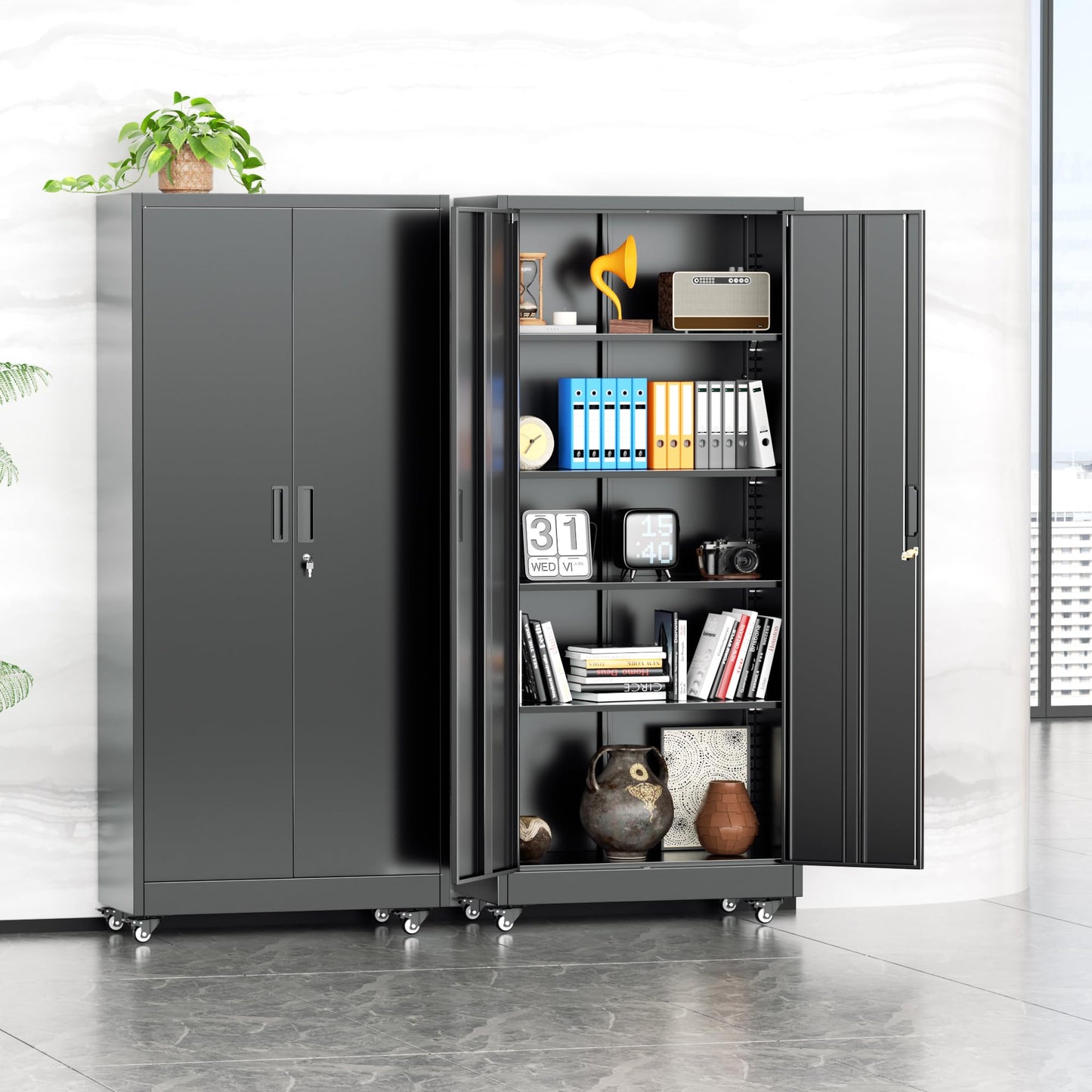 INTERGREAT73 Garage Storage Cabinet with Wheels, Rolling Metal Storage Cabinet with Locking Doors and 4 Adjustable Shelves,- 73" Steel Tool Cabinet for Home Office,Garage,Warehouse，Black