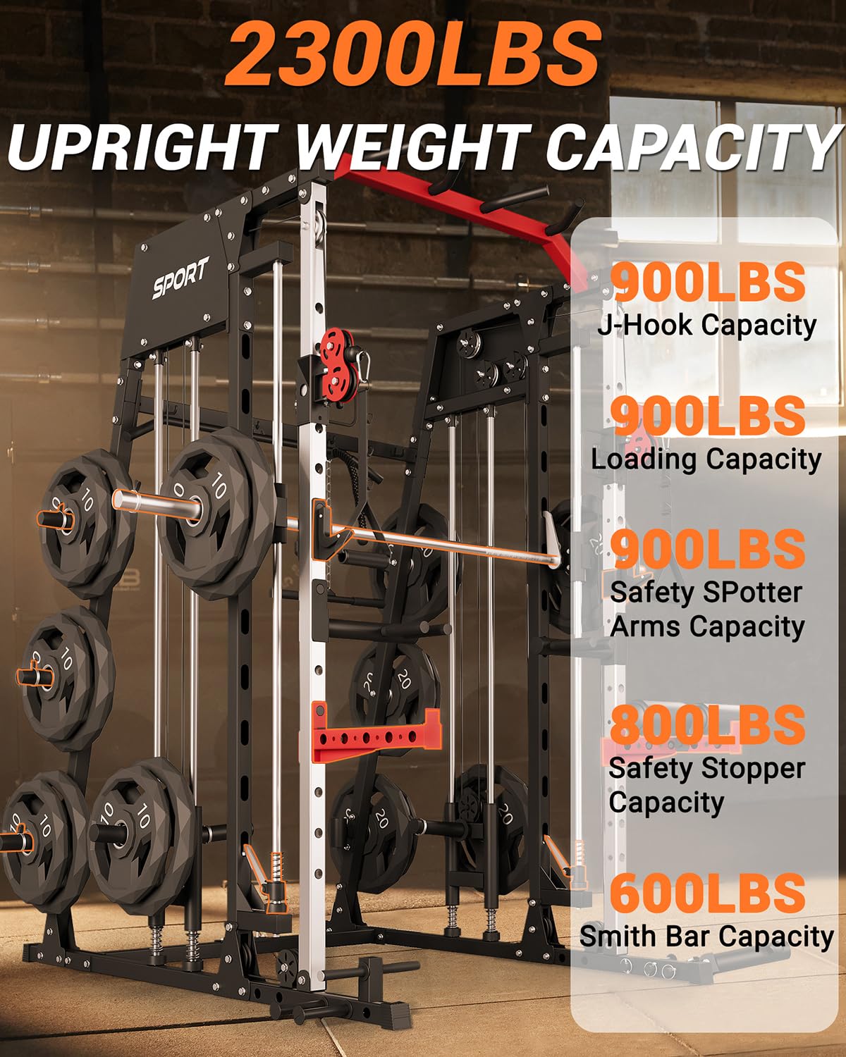 Smith Machine Home Gym 2200LBS Squat Rack Power Cage with LAT Pulldown, Cable Crossover System, Smith Bar, Leg Attachments, All in One Workout Equipment