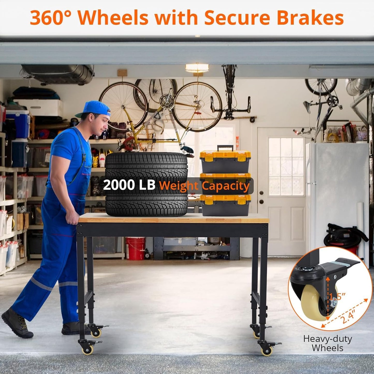 Adjustable Height Garage Workbench 60" X 22" - Heavy Duty 2000 lbs Capacity, Rubber Wood Top, Rolling Workstation with Drawer Storage, Power Outlets & Lockable Wheels - Perfect for Workshop