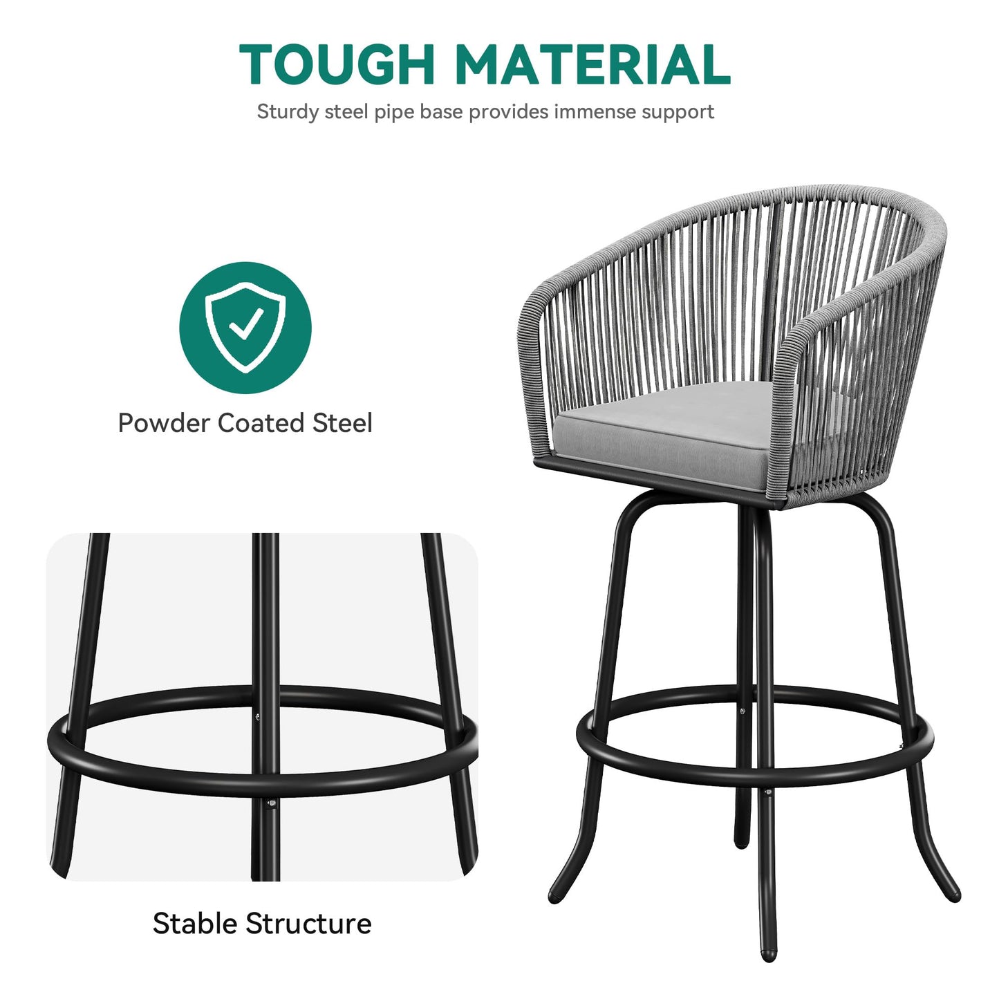 YITAHOME 27" Bar Stools Set of 4 with Arms & Cushions, 360° Swivel Outdoor Bar Stools, All Weather Counter Height Bar Stools Set of 4 with Curved Back for Backyard, Kitchen Island, Dining Room, Gray