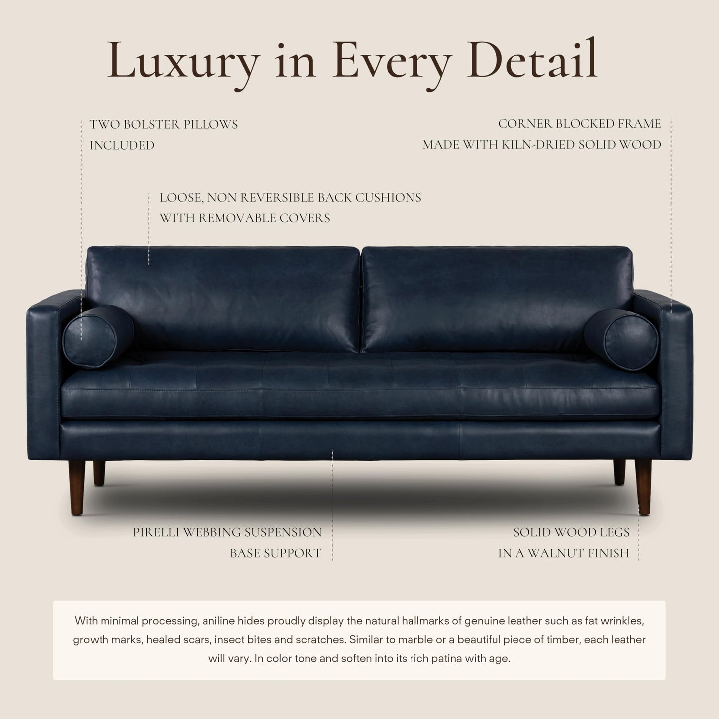 Poly & BARK Napa 88.5" Leather Sofa – Full-Grain Italian-Tanned Aniline Leather, Feather-Down Comfort, Solid Wood Frame, Walnut Legs, Midnight Blue