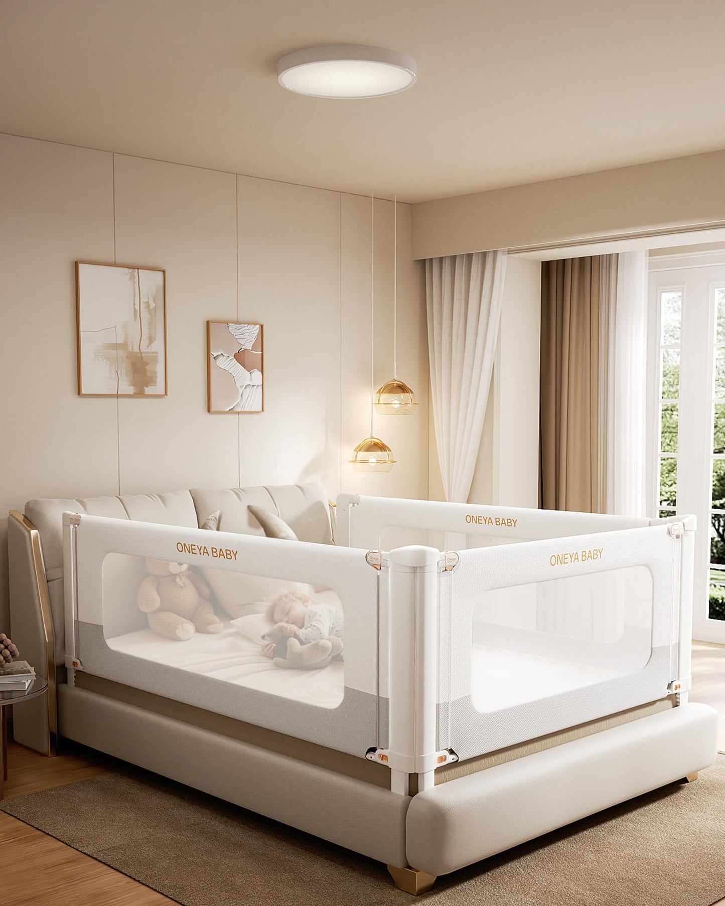 ONEYA BABY 3 Pack Bed Rail for Toddlers with Height Adjustable for Queen Size Bed, White/Grey,78.7x78.7x60 Inches