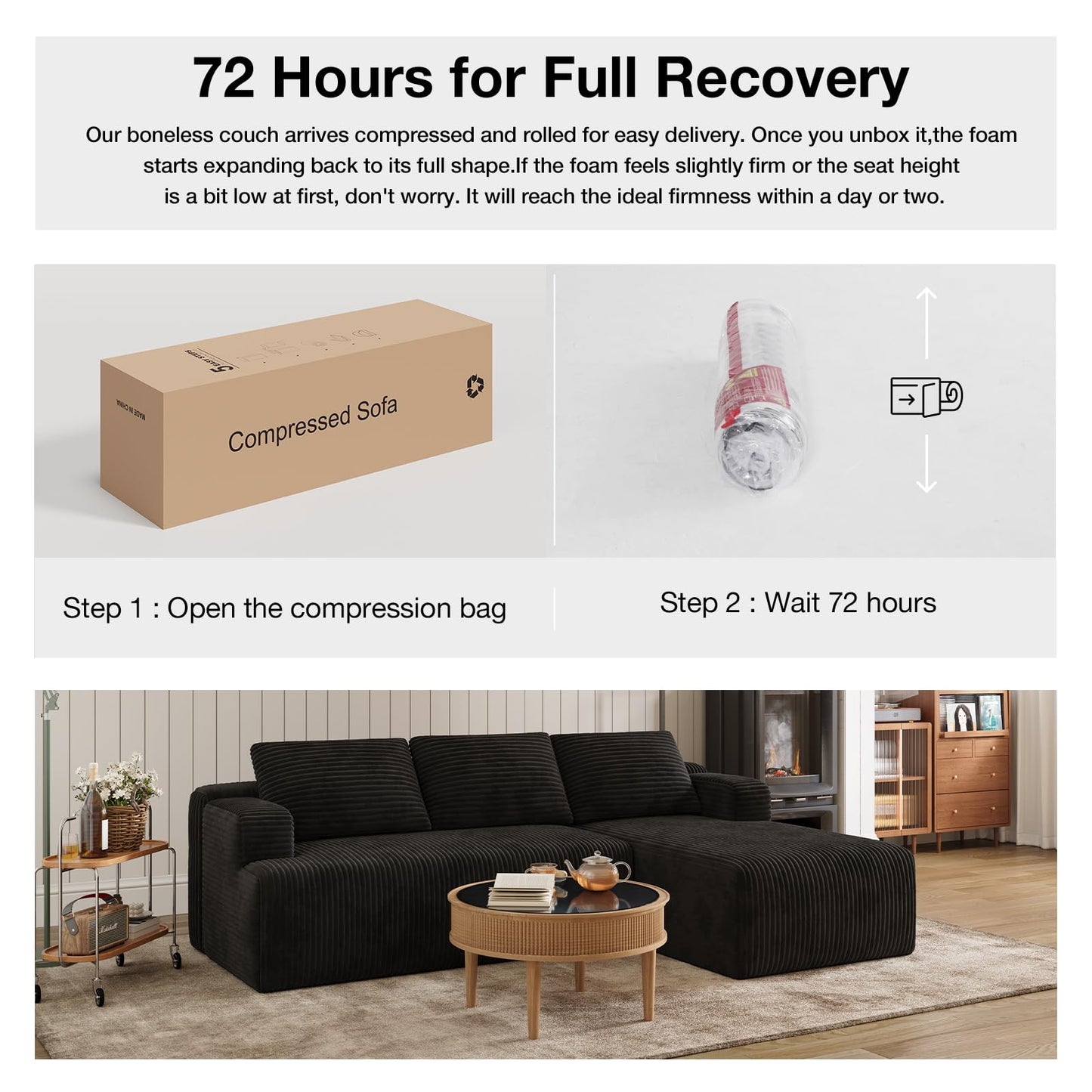 Novilla L-Shape Sectional Couches for Living Room with Smarts Coil® Support, 3 Seater Sectional Sofas for Living Room Bedroom, Corduroy Cloud Couch Sectional, No Assembly(Black, Right Hand Facing)