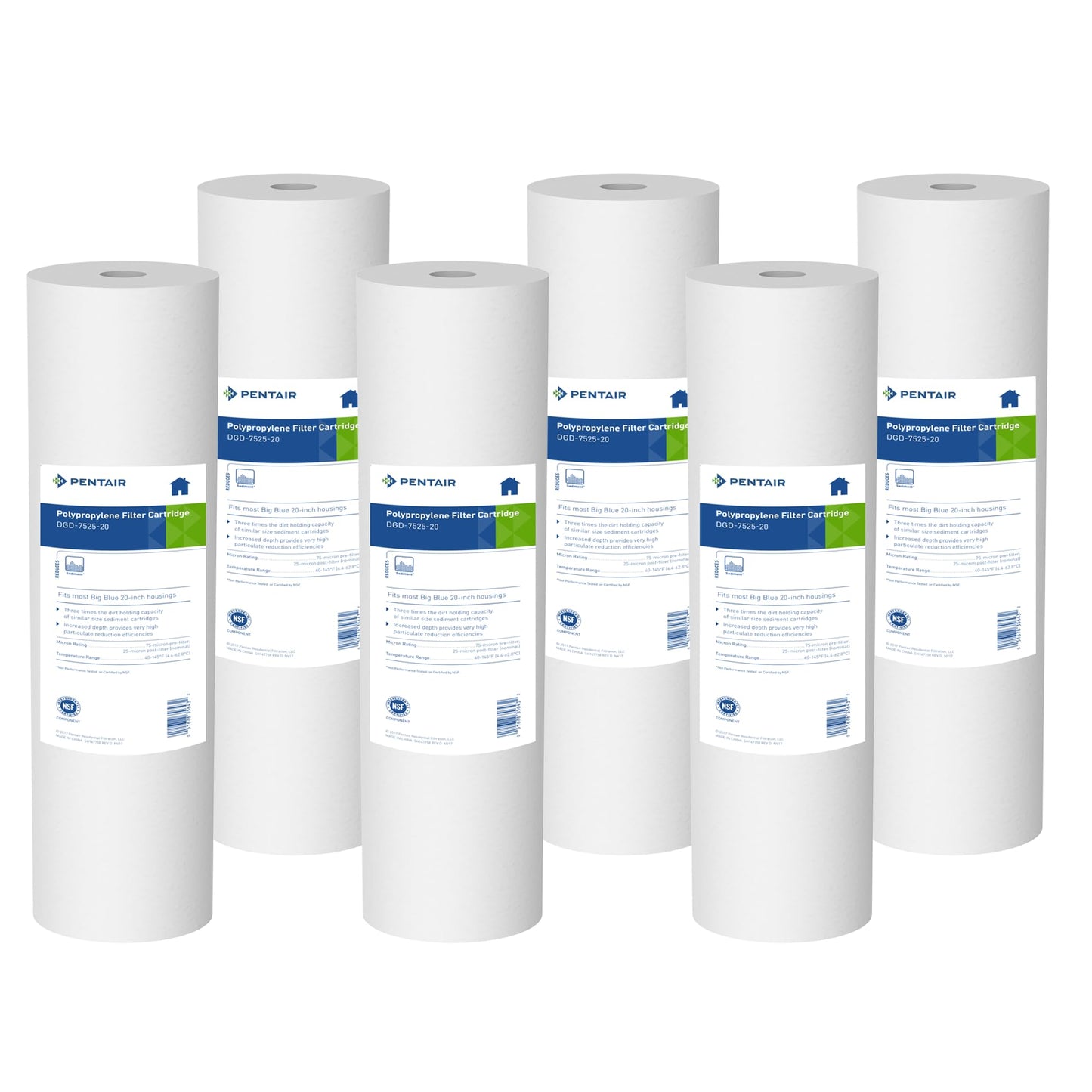 Pentair Pentek DGD-7525-20 Big Blue Water Filter, 20-Inch Whole House Sediment Filter Cartridge Replacement, Dual-Gradient Density Spun Polypropylene, 20" x 4.5", 25 Micron, Pack of 6