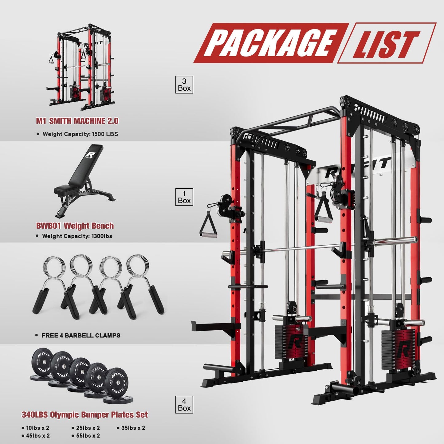 RitFit M1 Pro Smith Machine Package, All-in-One Power Cage with Weight Stack Set, Includes LAT Pulldown & Cable Crossover System for Home Gym