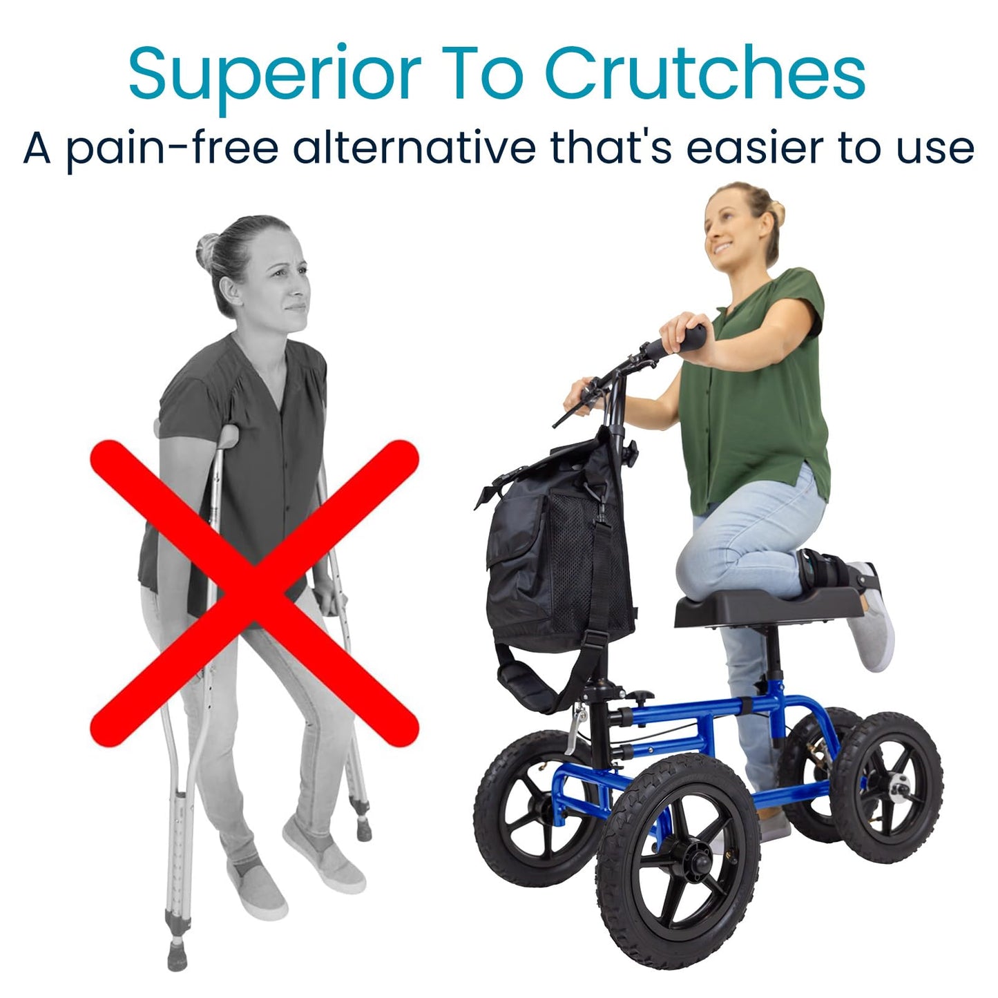 Vive Mobility All Terrain Knee Scooter Walker for Foot Injuries - Adult Broken Leg Crutch Cart Roller for Surgery, Broken Foot, Ankle Injury - Kneeling Rolling Steerable Seated Wheel Scooter Aid