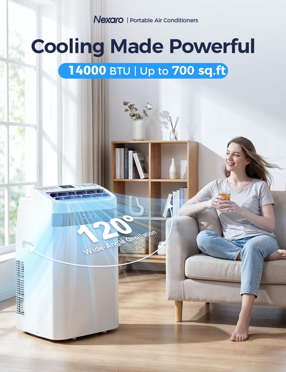 Nexaro Portable Air Conditioner 14000 BTU, Cools Rooms up to 700 Sq. Ft, Portable AC Unit with Cooling, Dehumidifier & Fan Mode, Sleep Mode, 24-Hour Timer, Remote Control, Window Installation Kit