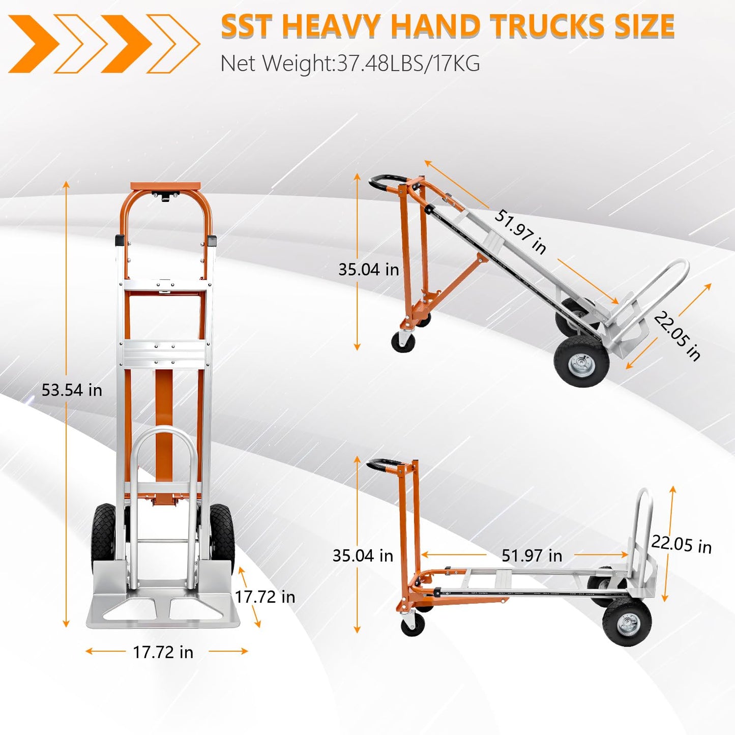 4 in 1 Convertible Hand Truck 1000LBS, Aluminum Folding Dolly Cart, SST Heavy Duty with Pneumatic Wheels & 4-Mode Switching for Moving, Warehouse, Construction, 51" Platform
