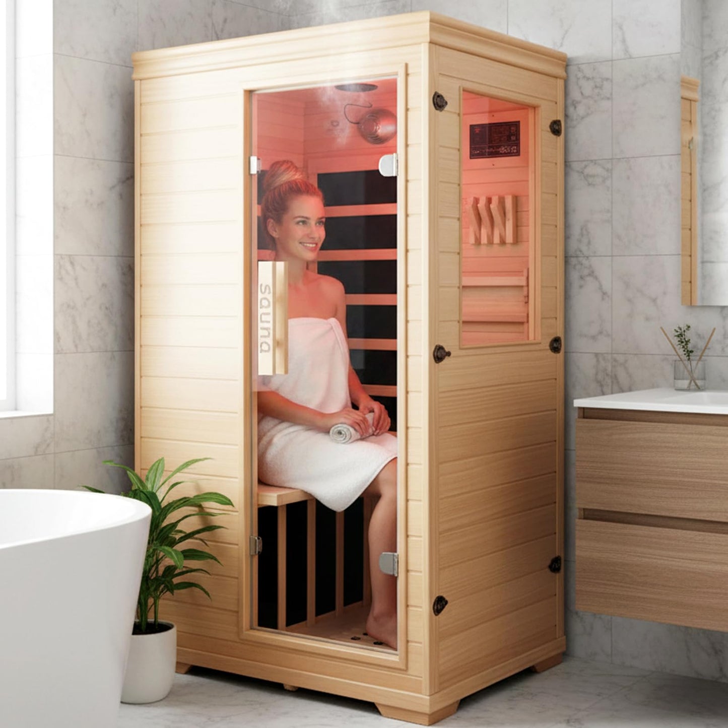 Far Infrared Sauna for 1 Person – 1050W with Bluetooth Speaker, Chromotherapy & Oxygen Ionizer, Indoor Home Sauna with Canadian Hemlock Wood, Relaxation for Home Gym Office – 27”x35”x63”