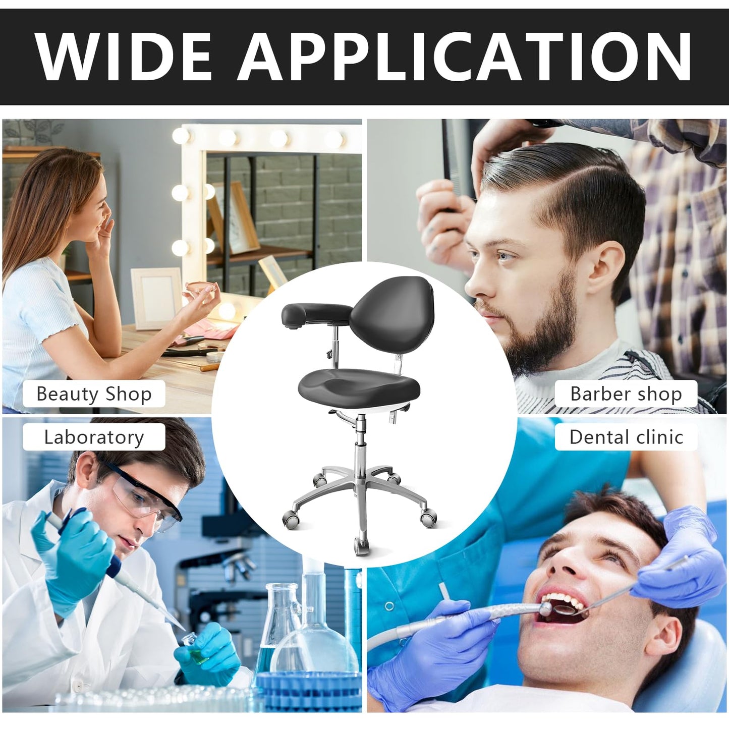 Dental Assistant Chair PU Leather with Swivel Armrests, Rolling Dental Chair, Ergonomic Swivel Dentist's Stool with Backrest for Clinics, Tattoo, Home and Laboratory - Black