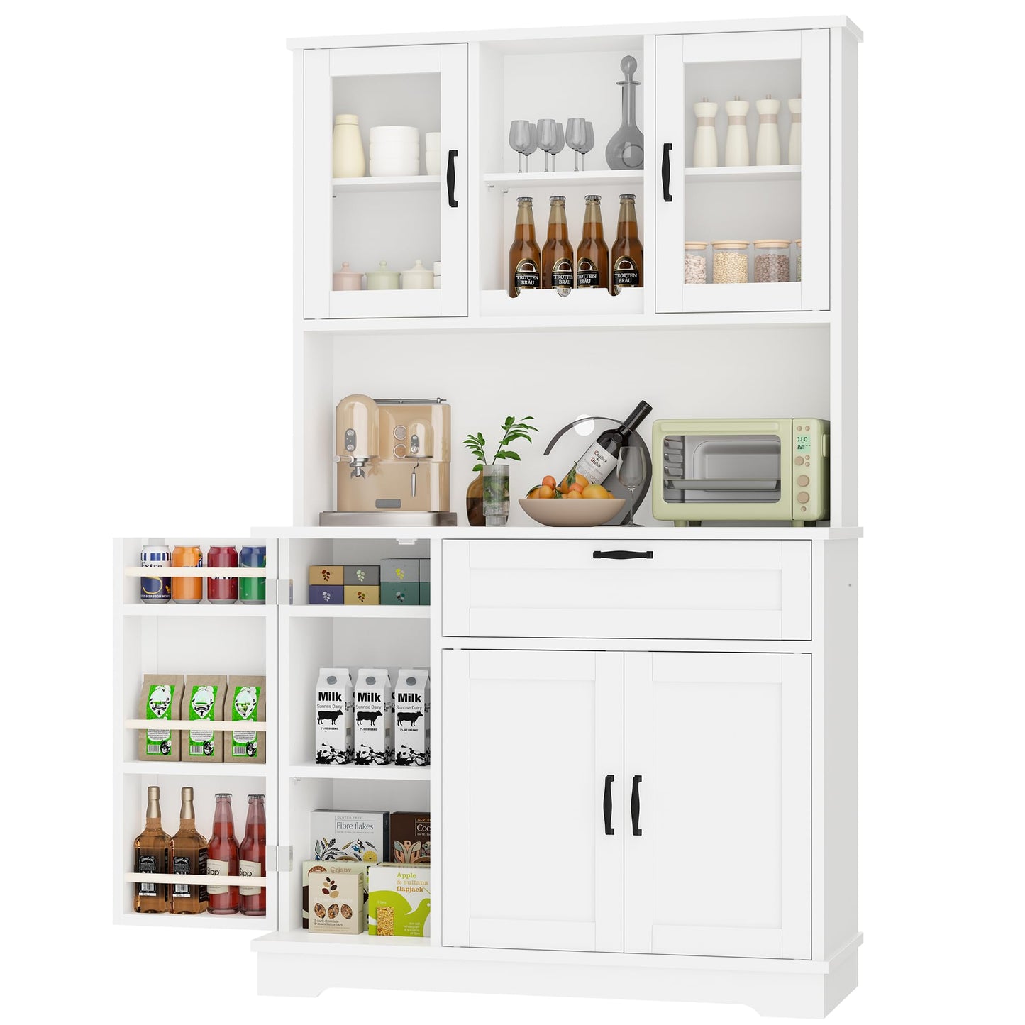 Shintenchi Kitchen Pantry Storage Cabinet, Freestanding Buffet Cabinet with Microwave Stand & 3 Door Shelves, Kitchen Hutch with Doors, Adjustable Shelves and Wine Rack, White
