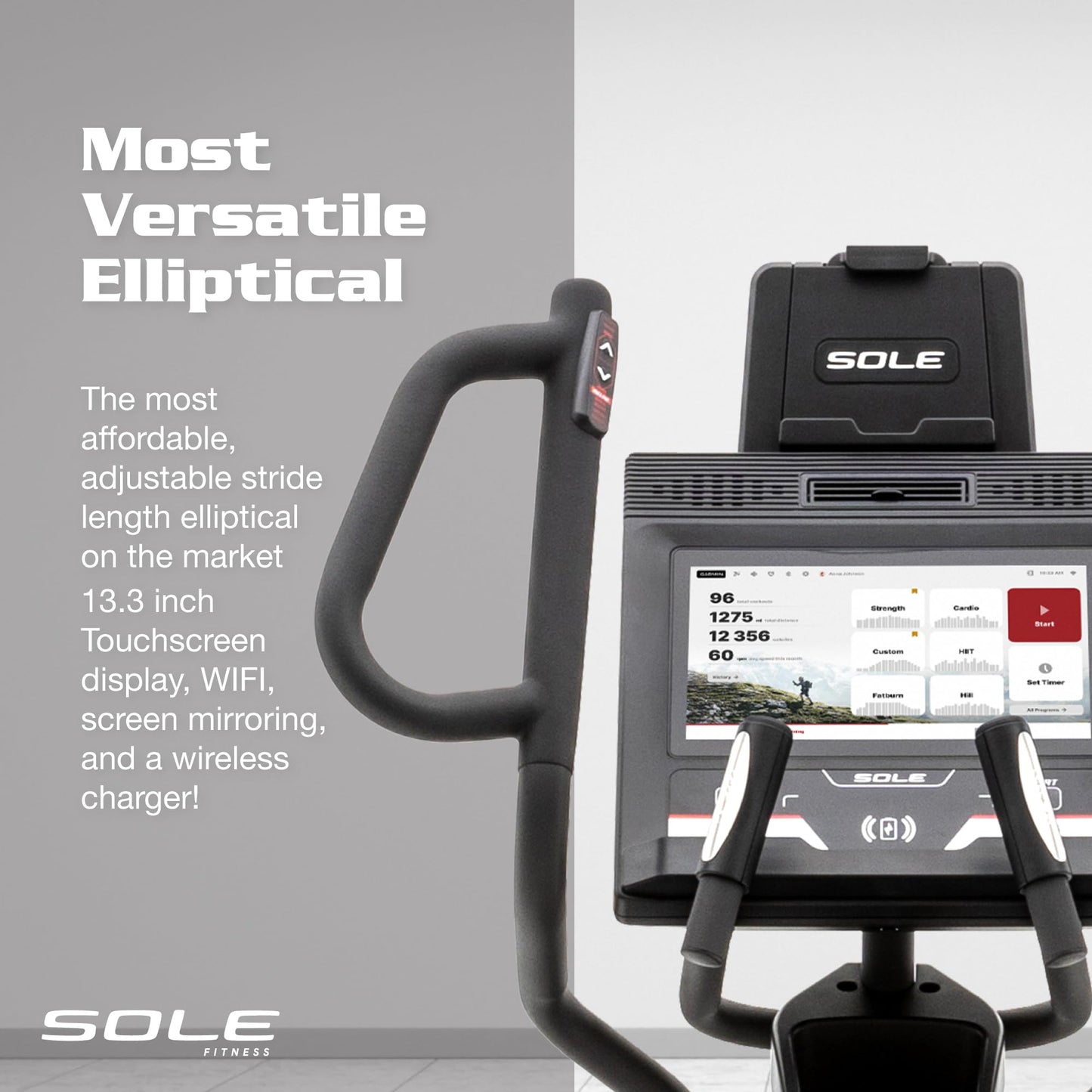 Elliptical Exercise Machine by Sole Fitness, Home Workout Equipment for Cardio, Running, and Walking, Adjustable Stride Length, 13.3" Touch Screen, Bluetooth, and Tablet Holder (Sole E95S)