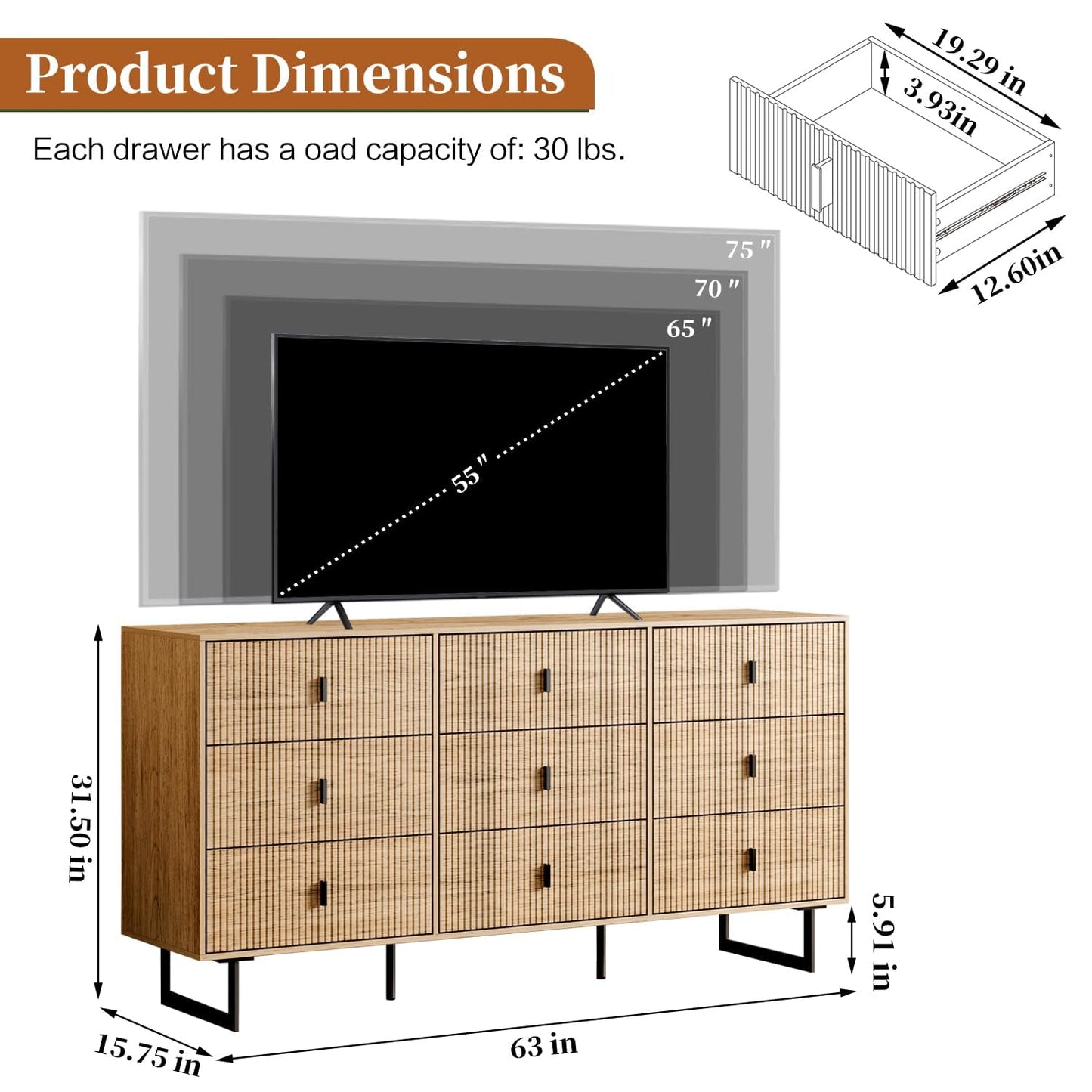 Chrangmay Modern Chest of Drawers with 9 Drawers,Deep Drawers,Clothes Organizer,Large Storage Cabinet for Living Room, Bedroom,Hallway,with Anti-Tipping Device, Oak