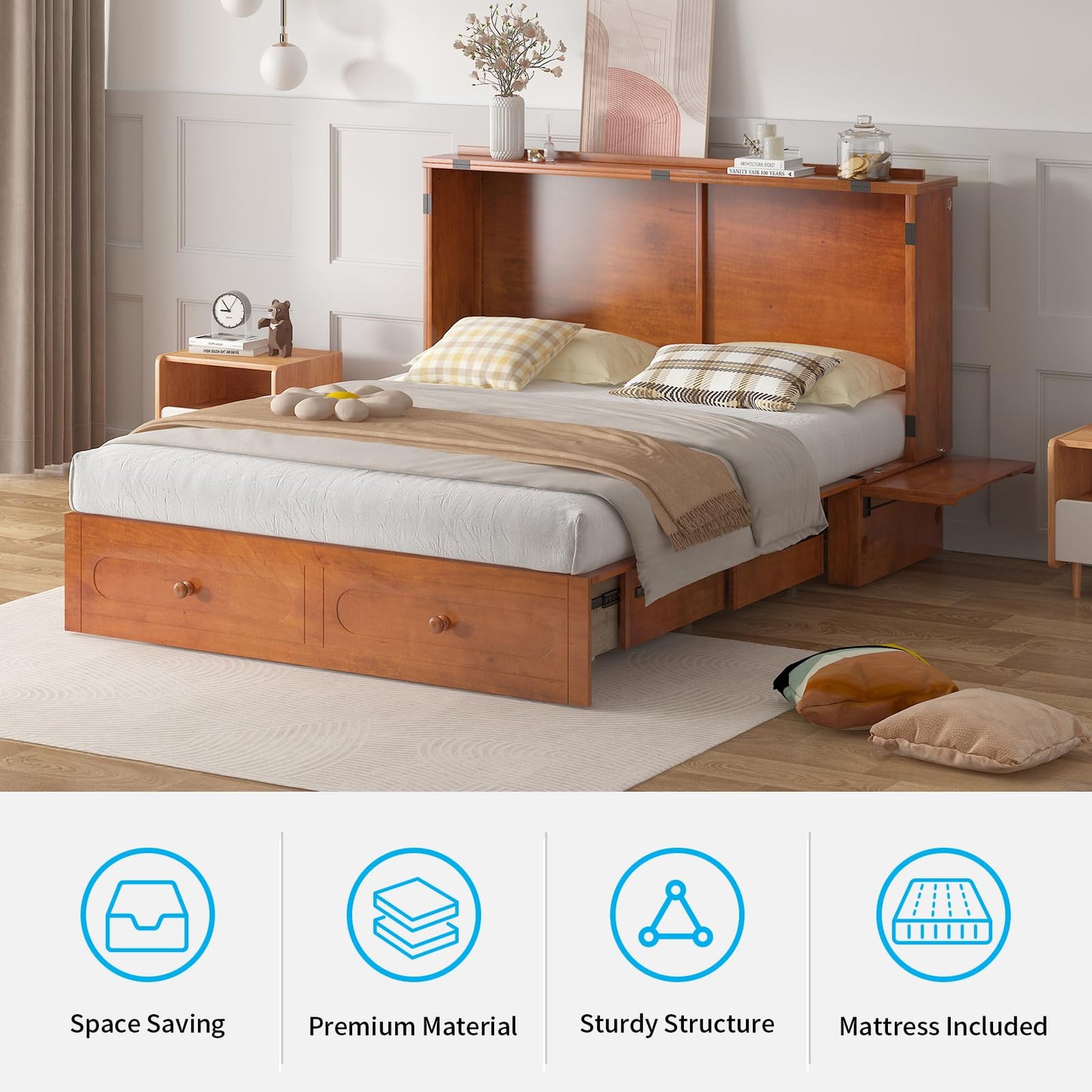 Mjkone Queen Murphy Bed Cabinet with Tri-Fold Mattress Included, Storage & Charging Station & Headboard Side Panel, 63"W Wood Murphy Cabinet Chest Beds, Guest Wall Bed for Living Room, Bedroom, Cherry