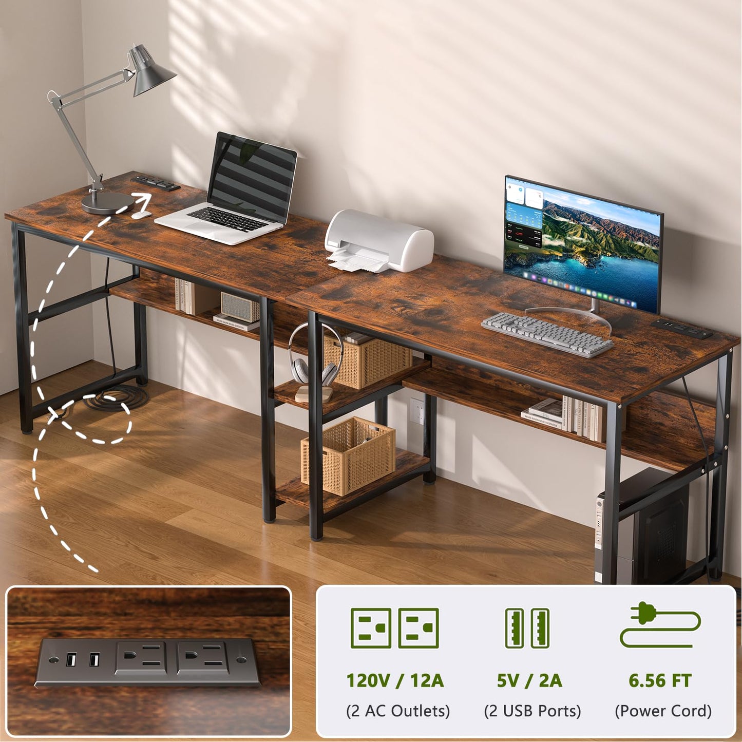 Ytaoka 78.74" Two Person Desk with 2 Power Strips, Double Desk with Shelves, Long Computer Desk for Two People, Wood Writing Desk Workstation for Home Office, 23.62"D x 78.74"W x 29.52"H, Rustic Brown