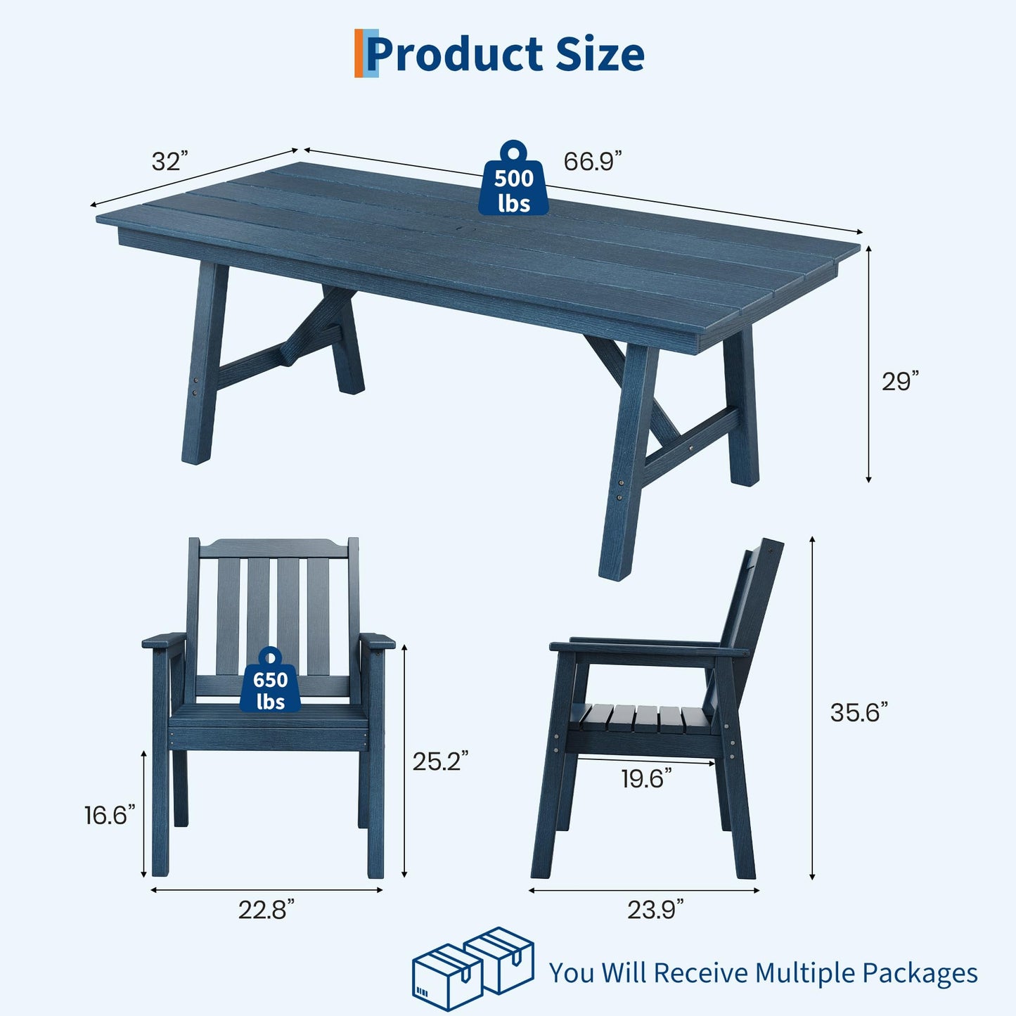 Garvee Outdoor Patio Dining Table Set for 6, 7 Piece Outdoor HDPE Dining Furniture Set with Umbrella Hole, Aluminum Frame, All-Weather Garden Table and 6 Chairs for Backyard Poolside, Navy Blue