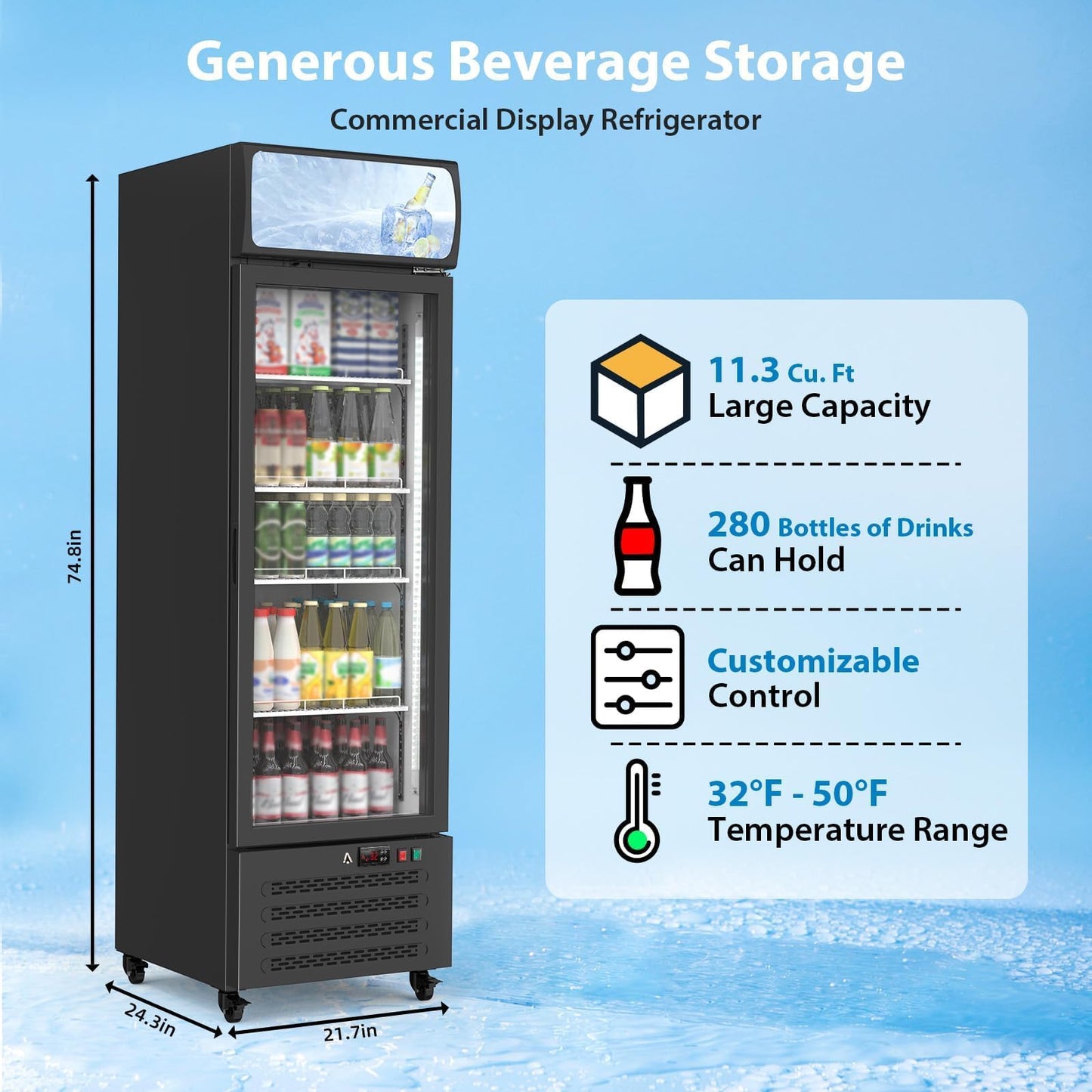 PeacefulHues 17.6 Cu.Ft Commercial Display Refrigerator,Glass Door Beverage Cooler with Adjustable Shelves,LED Lighting & Advertising Panel, Mobile Design