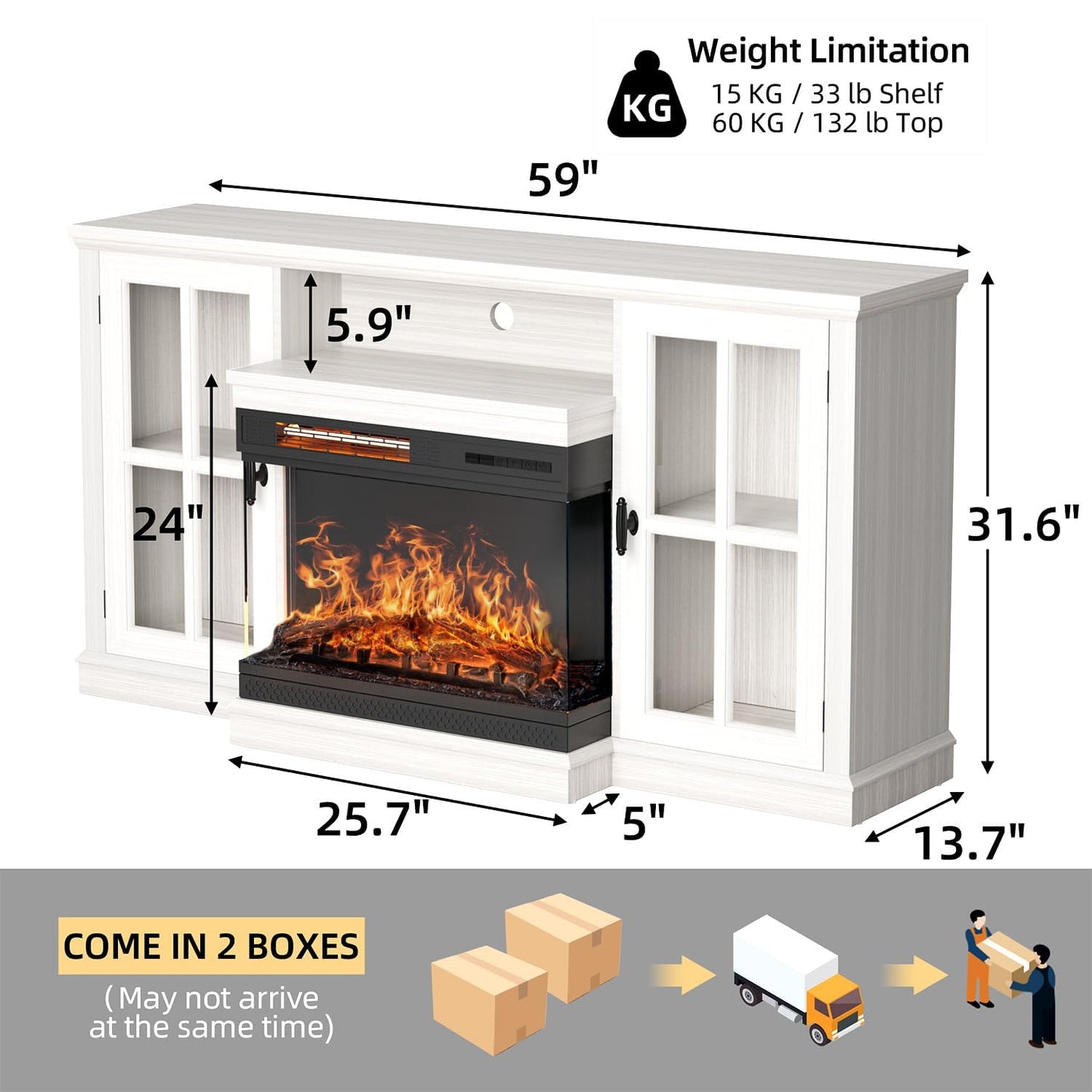 YESHOMY Glass Fireplace TV Stand for TVs up to 65 Inch, Media Entertainment Center with Storage, White Wash