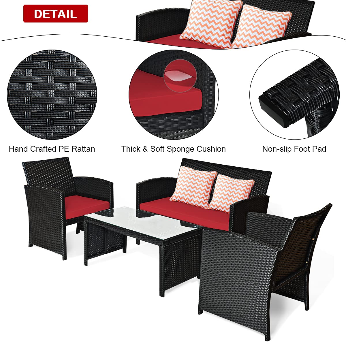 Tangkula Patio Wicker Conversation Furniture Set, Patiojoy Sofa & Table Set w/4 Seats, Outdoor Rattan Sofa Set for Balcony Backyard, Wicker Chair Set with Tempered Glass Coffee Table (1, Red)