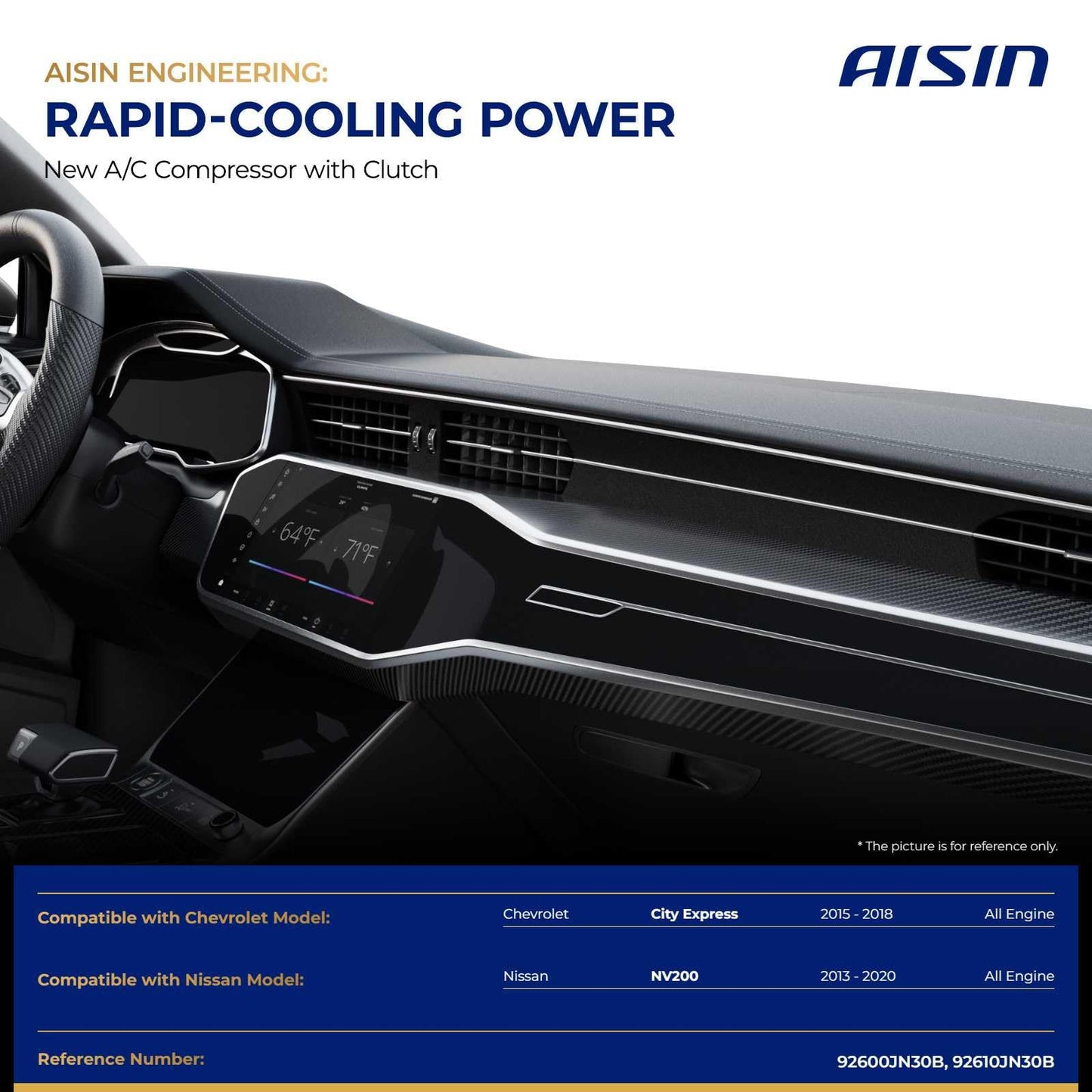 AISIN AFTERMARKET ACCAZ-00833 Air Conditioner AC Compressor - Compatible with Nissan NV200 2013-2020, Chevrolet City Express 2015-2018 - with 6-Pulley Groove, with Clutch