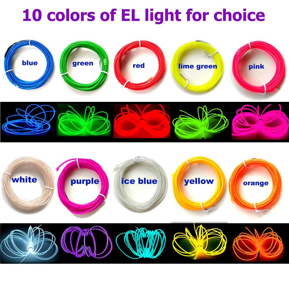 MaxLax EL Wire - Pink Neon Light Wire 10-Pack, 16.4ft, Plastic, Model CXD el wire 001