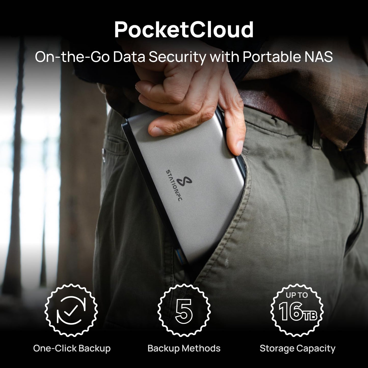 STATIONPC PocketCloud Portable NAS, M.2 NVMe & SD Card Slots, Up to 8TB Capacity (Diskless), One-Click Backup, Wi-Fi 6 Support, LCD Display & App Control, Dual 3200mAh Batteries for Outdoor Backup