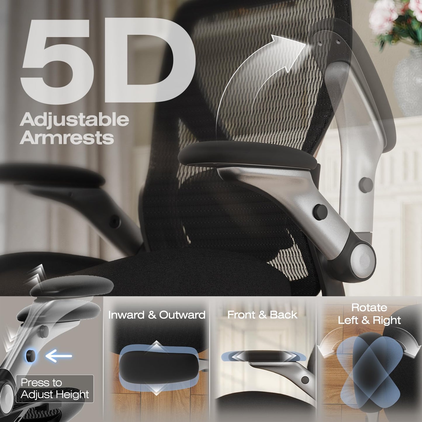 ELABEST X100 Ergonomic Mesh Office Chair, Big and Tall Hone Desk Chair with 5D Flip-Up Arms, Adjustable 3D Lumbar Support,Gaming & Executive Computer Chairs for Long Hours, Padded Seat